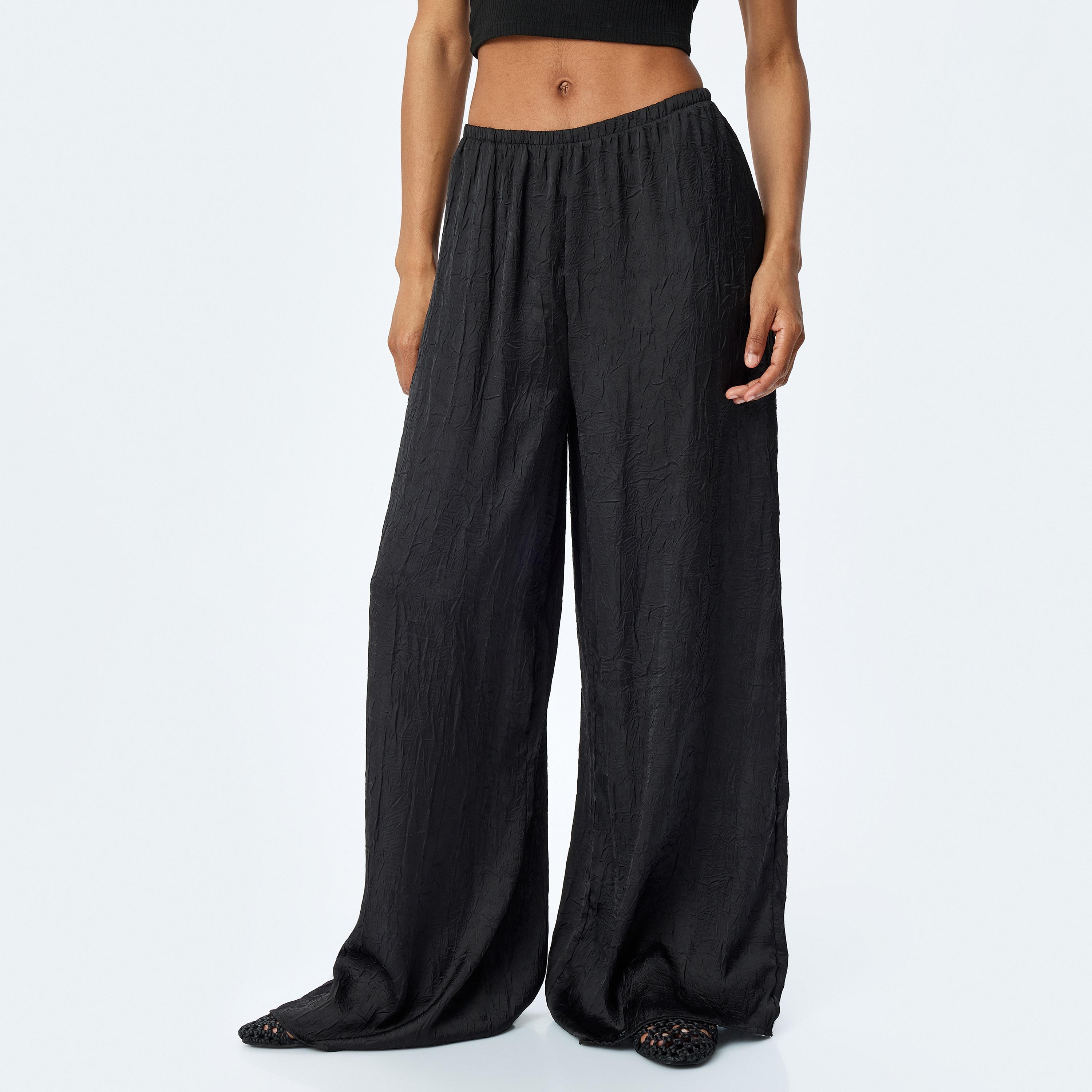 Koton Black Crinkled Elasticated Waist Women's Trousers-women-clothing-bottoms-trousers-image-1
