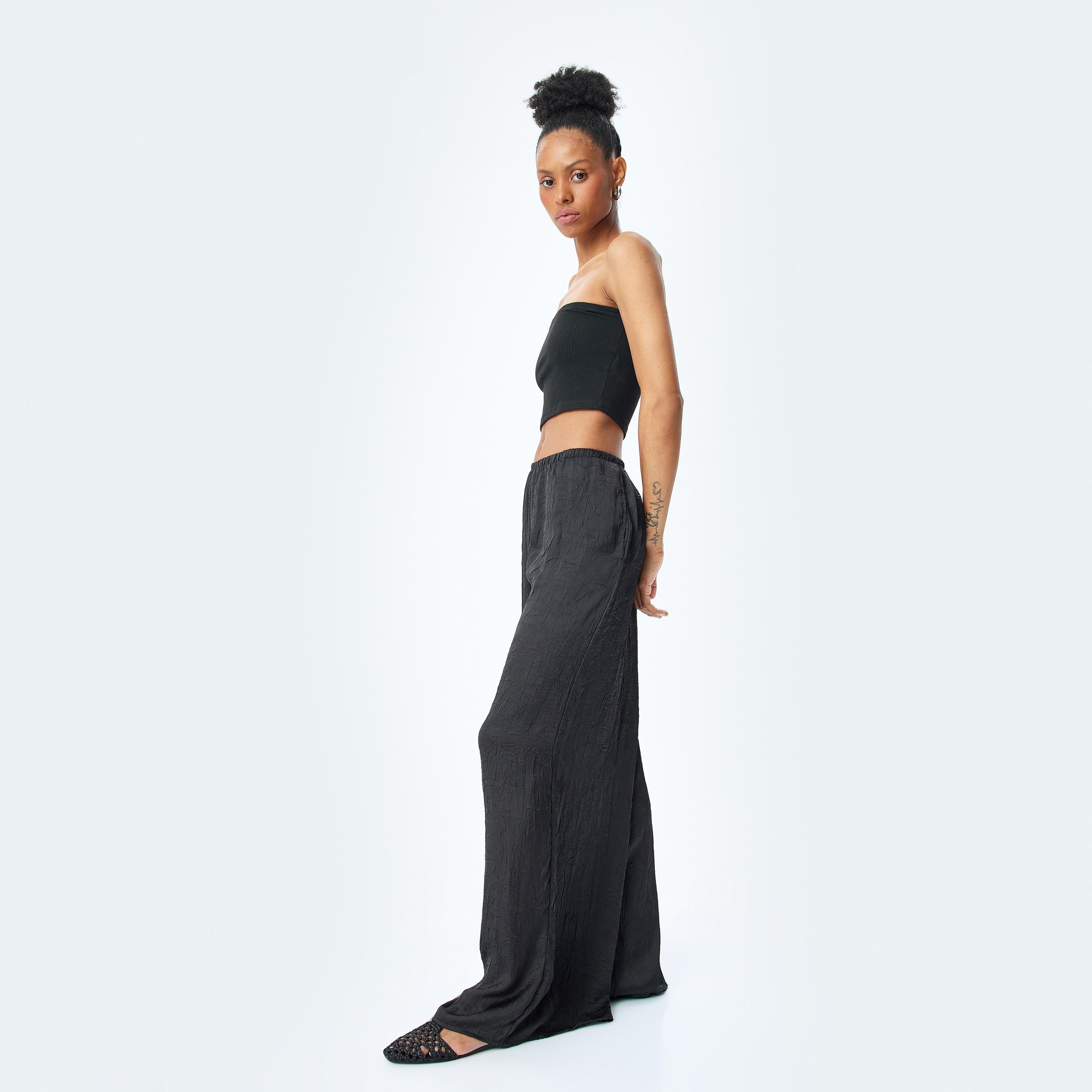 Koton Black Crinkled Elasticated Waist Women's Trousers-women-clothing-bottoms-trousers-image-2