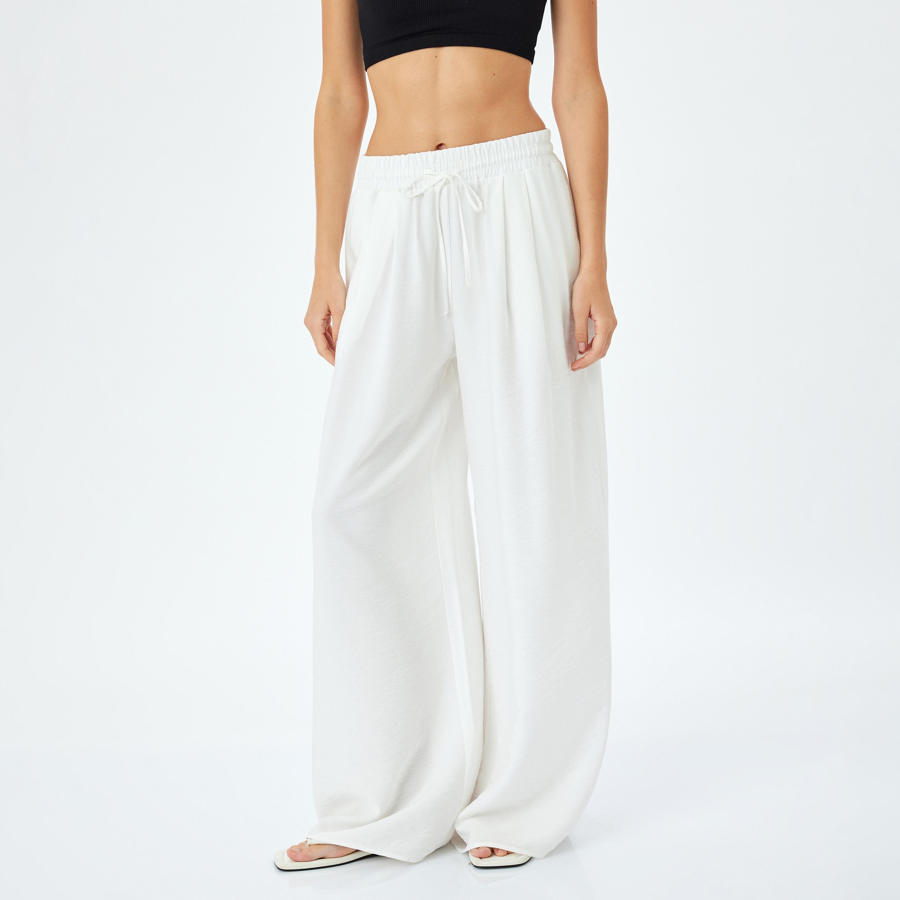 Koton White Plain Drawstring Women's Trousers-women-clothing-bottoms-trousers-image-1
