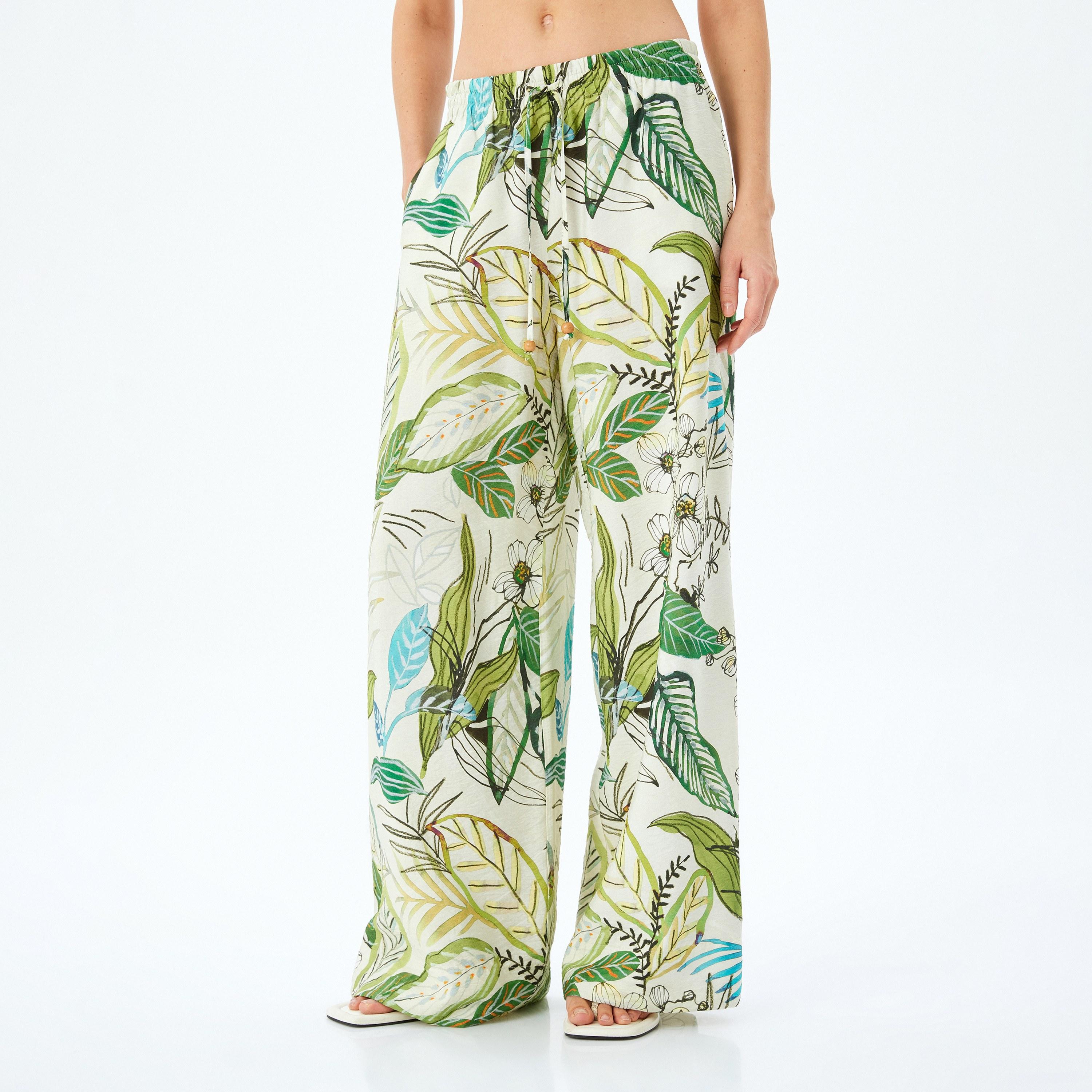 Koton Green Tropical Print Drawstring Women's Trousers-women-clothing-bottoms-trousers-image-1