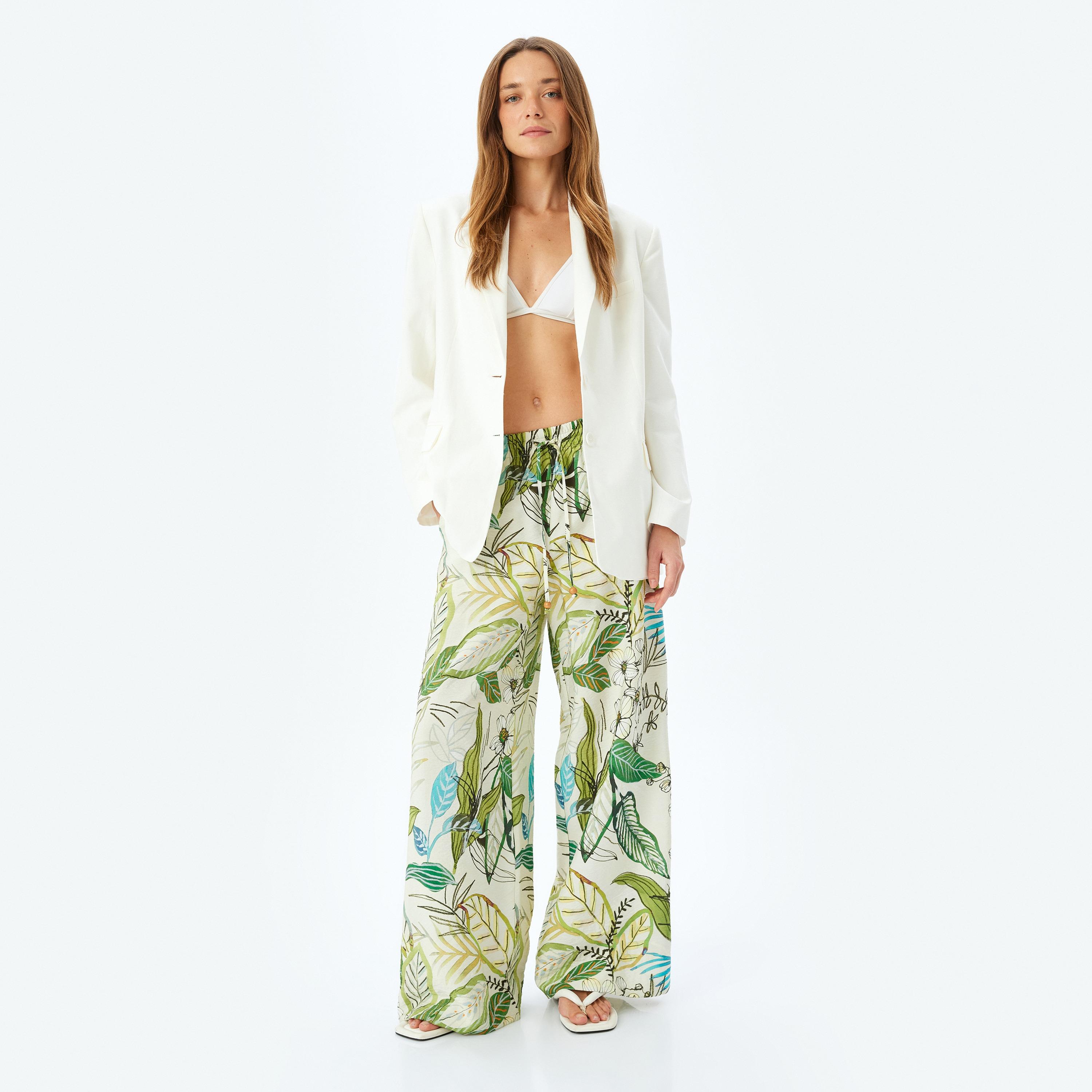 Koton Green Tropical Print Drawstring Women's Trousers-women-clothing-bottoms-trousers-image-2