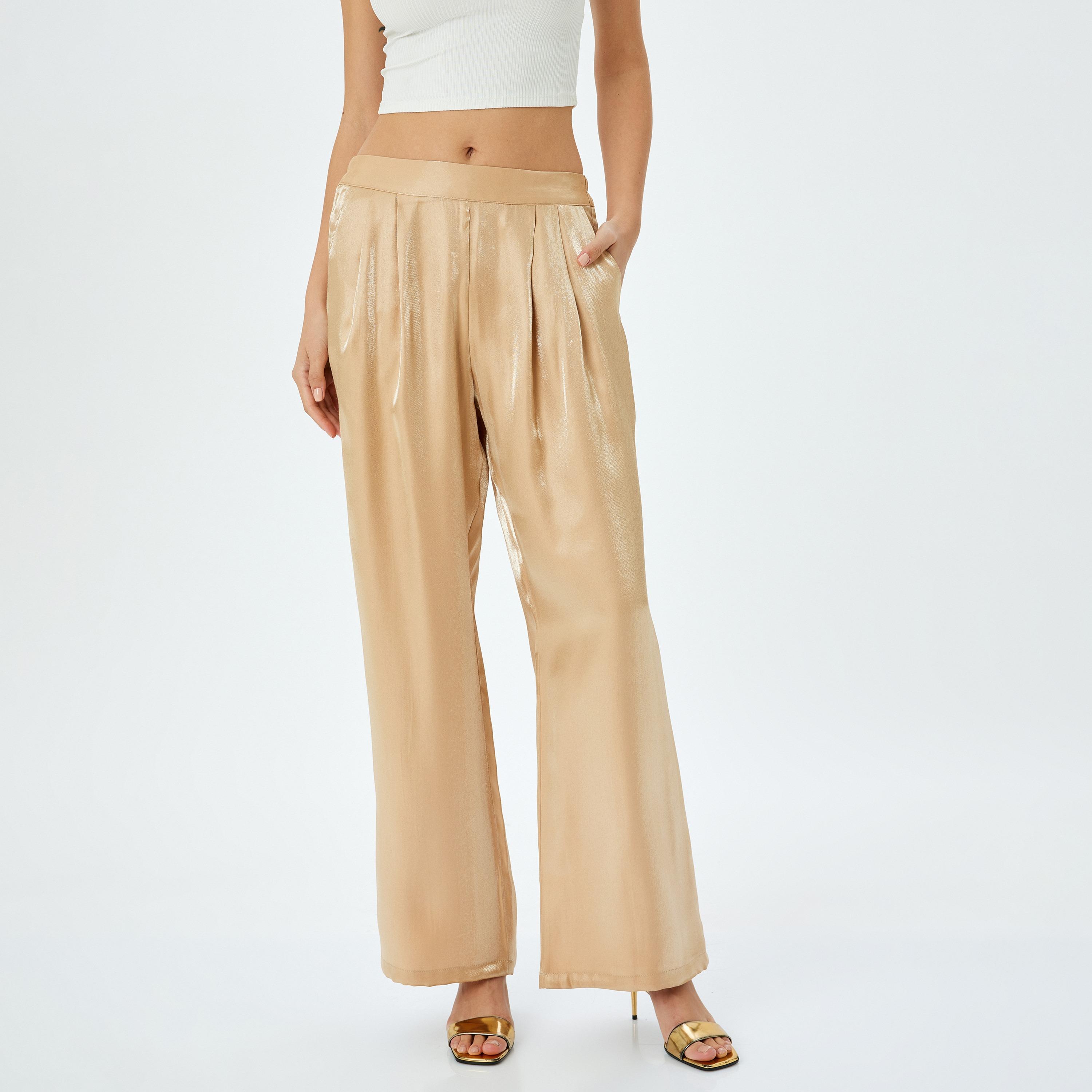 Koton Brown Shiny Elasticated Waist Women's Trousers-women-clothing-bottoms-trousers-image-1