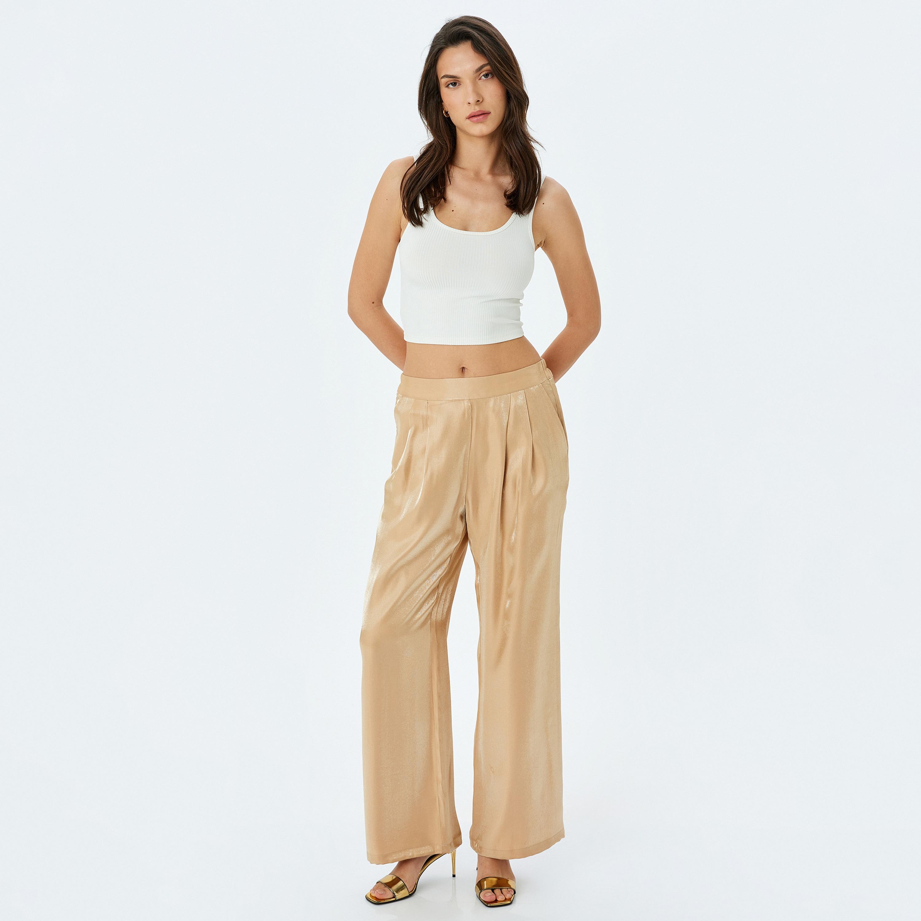 Koton Brown Shiny Elasticated Waist Women's Trousers-women-clothing-bottoms-trousers-image-2