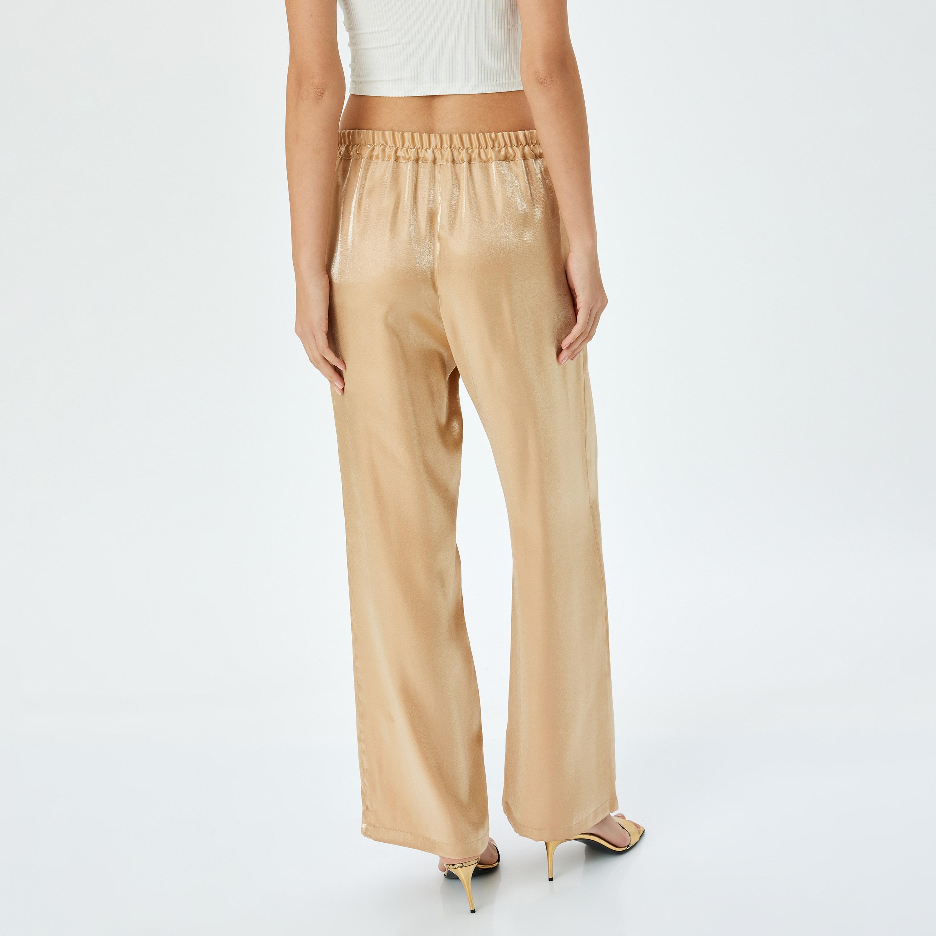 Koton Brown Shiny Elasticated Waist Women's Trousers-women-clothing-bottoms-trousers-image-3