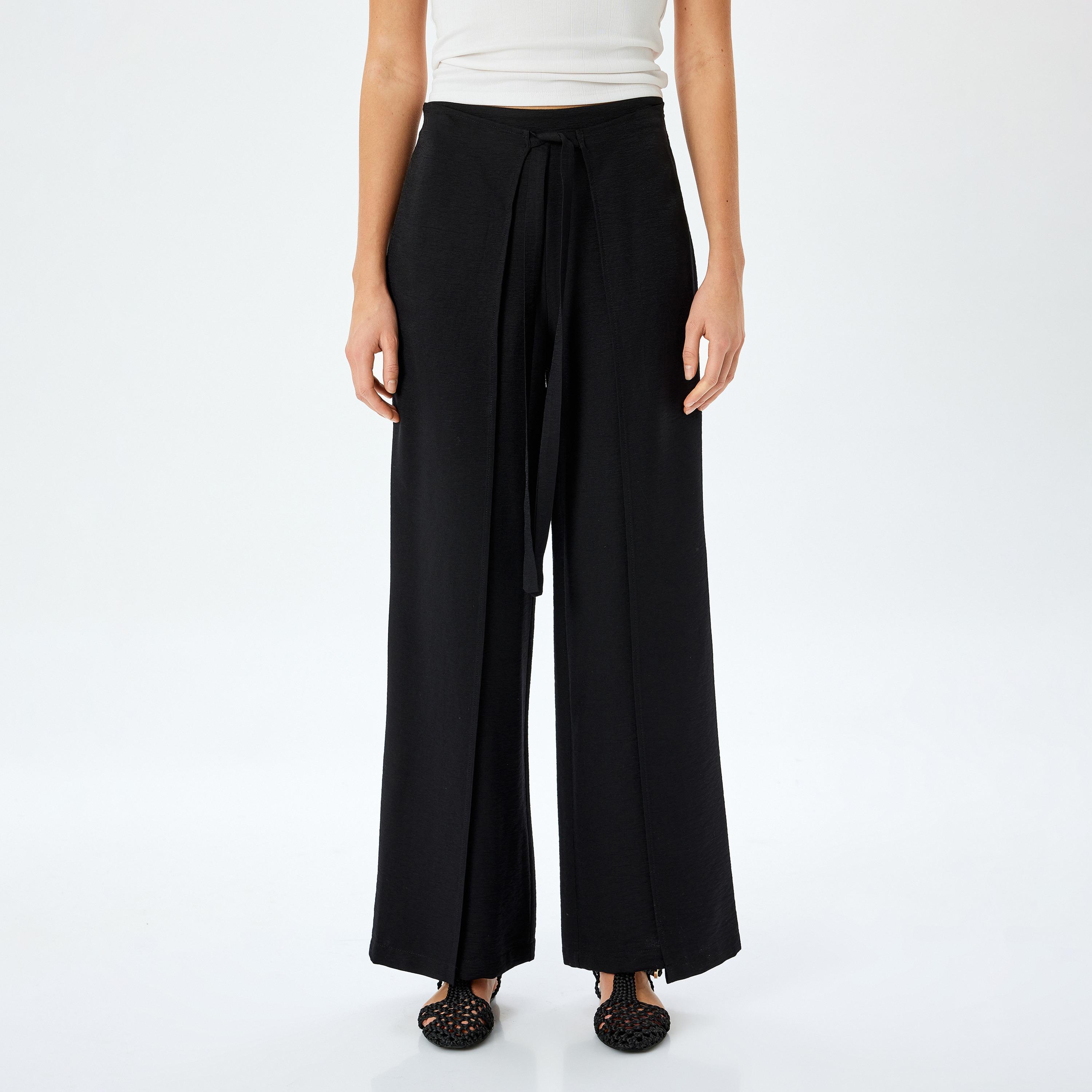 Koton Plain Tie Front Wide Leg Women's Trousers-women-clothing-bottoms-trousers-image-1