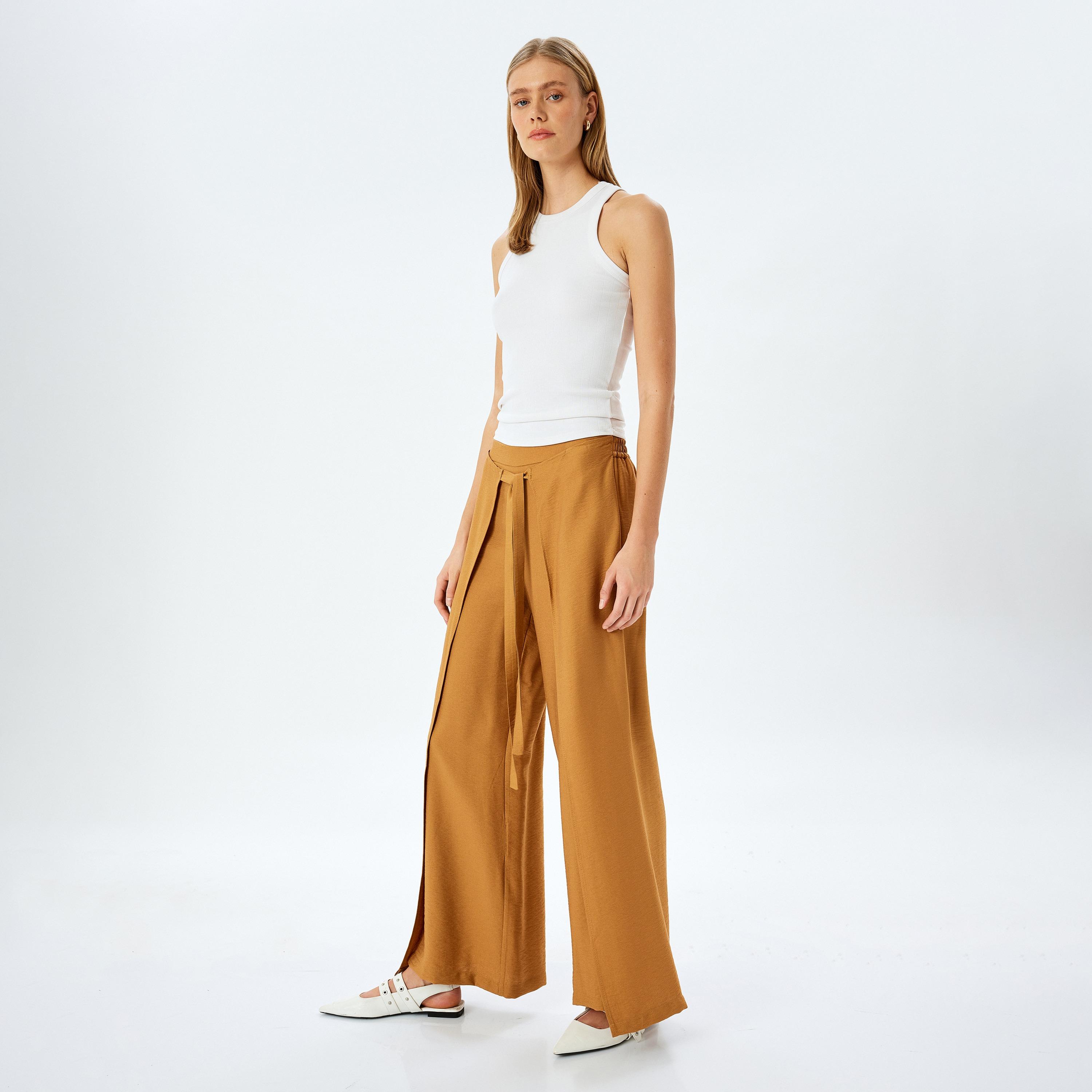 سراويل نسائية عريضة من كوتون بربطة عنق أمامية عريضة-women-clothing-bottoms-trousers-image-2