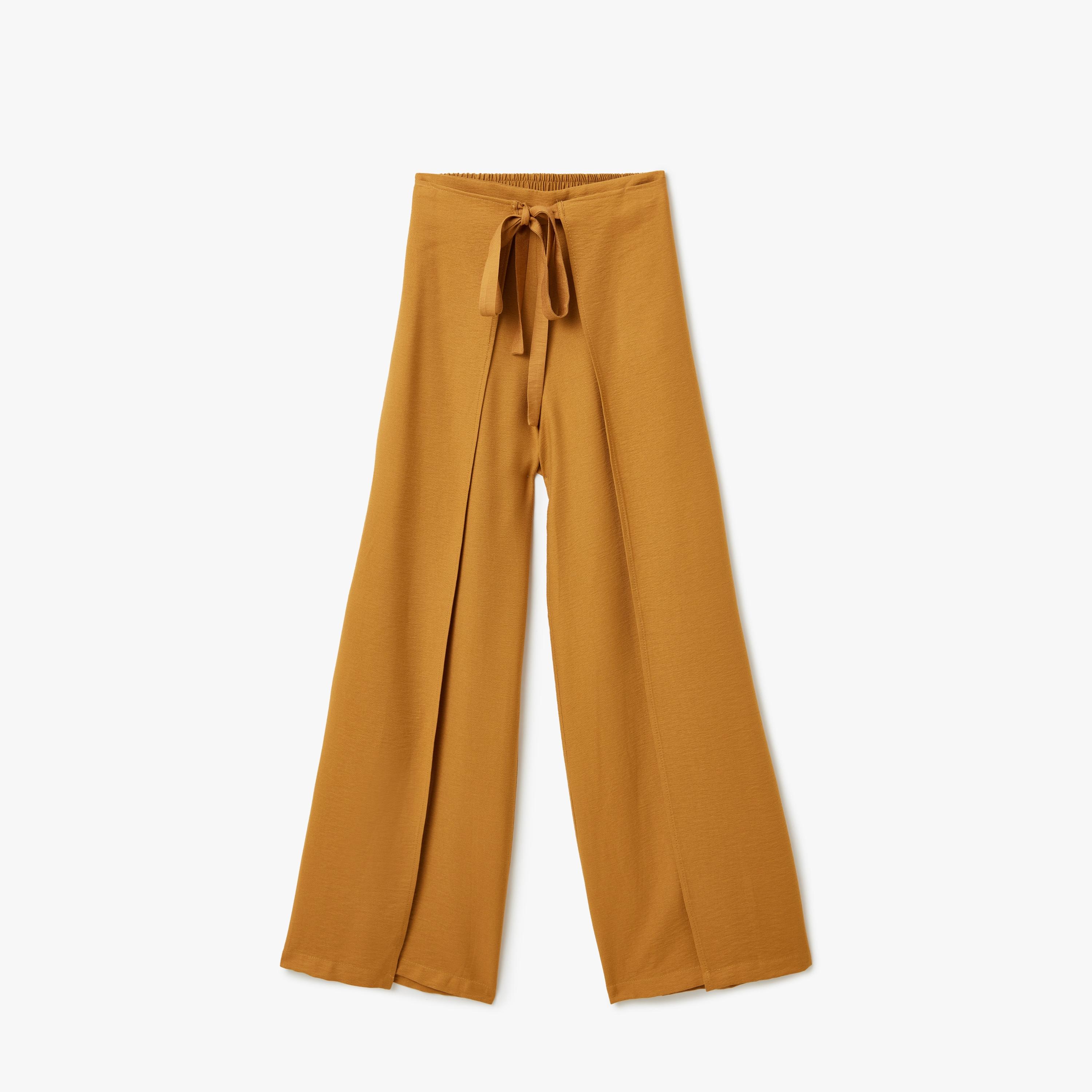 سراويل نسائية عريضة من كوتون بربطة عنق أمامية عريضة-women-clothing-bottoms-trousers-image-4