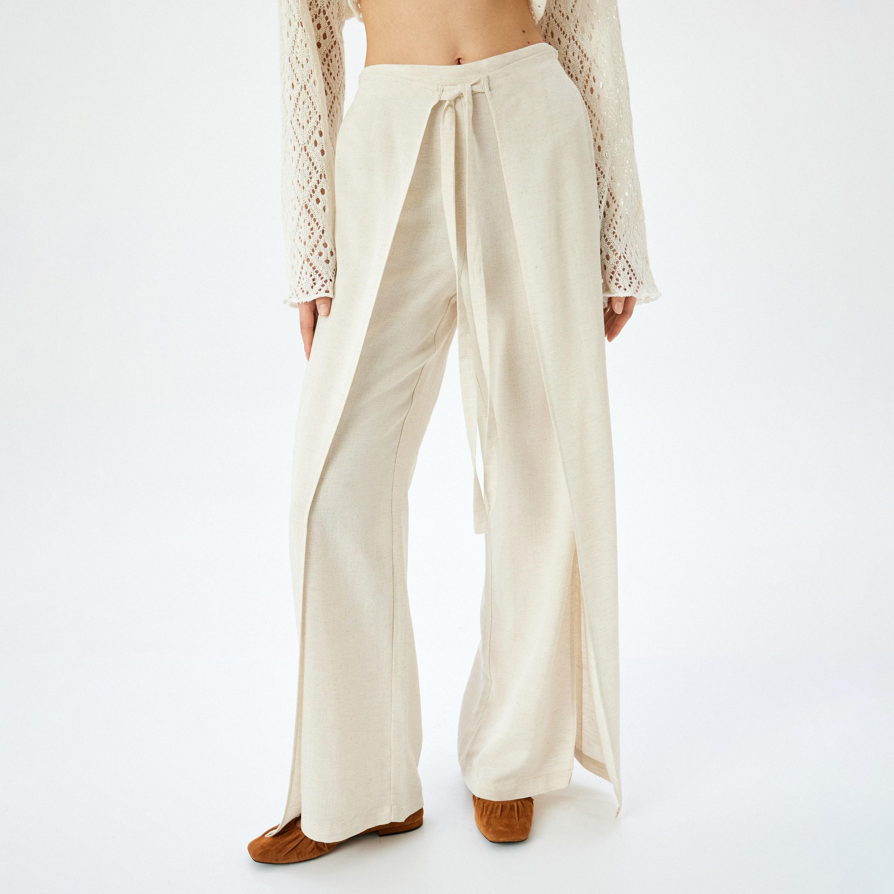 سراويل نسائية عريضة من كوتون بربطة عنق أمامية عريضة-women-clothing-bottoms-trousers-image-1