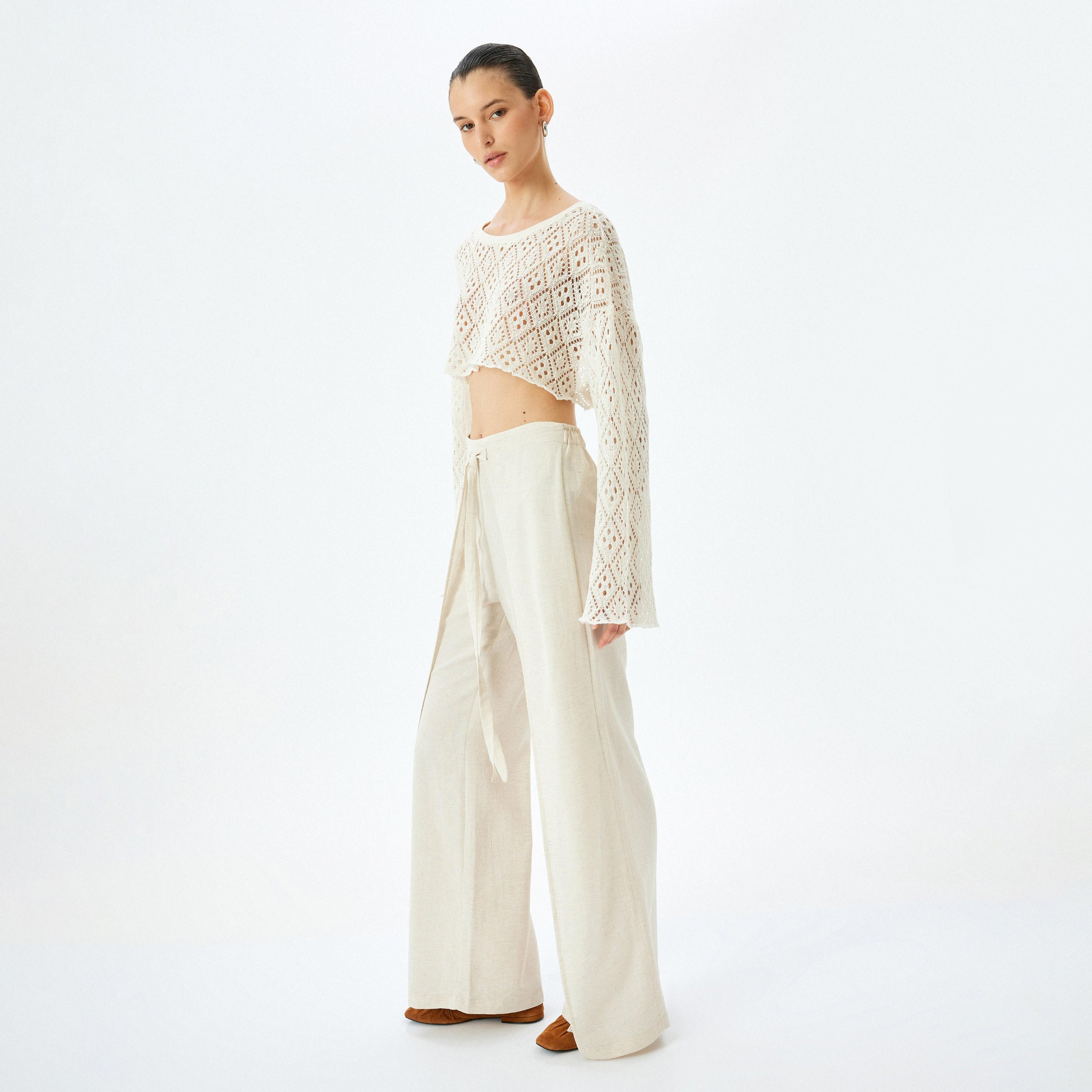 سراويل نسائية عريضة من كوتون بربطة عنق أمامية عريضة-women-clothing-bottoms-trousers-image-2