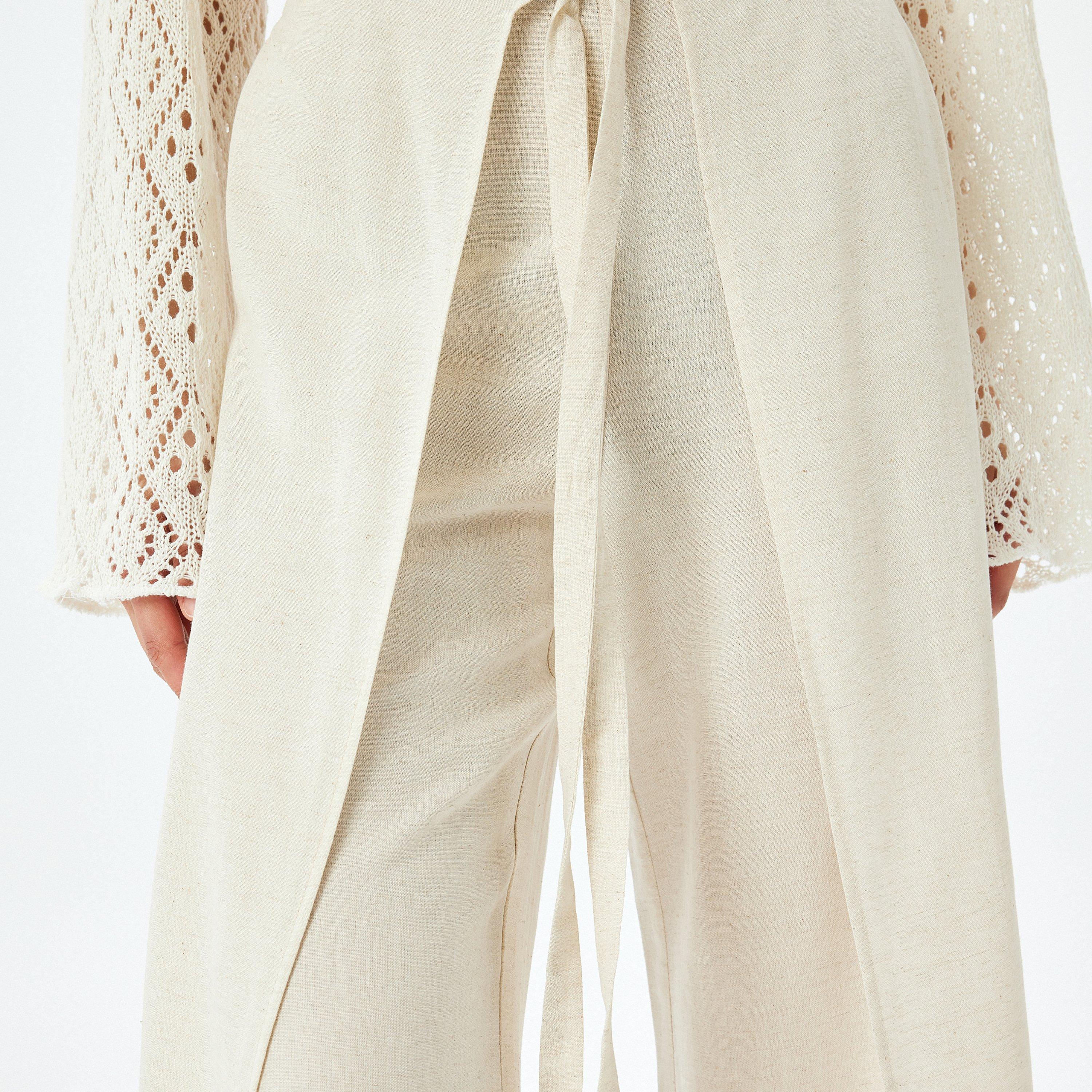 سراويل نسائية عريضة من كوتون بربطة عنق أمامية عريضة-women-clothing-bottoms-trousers-image-4