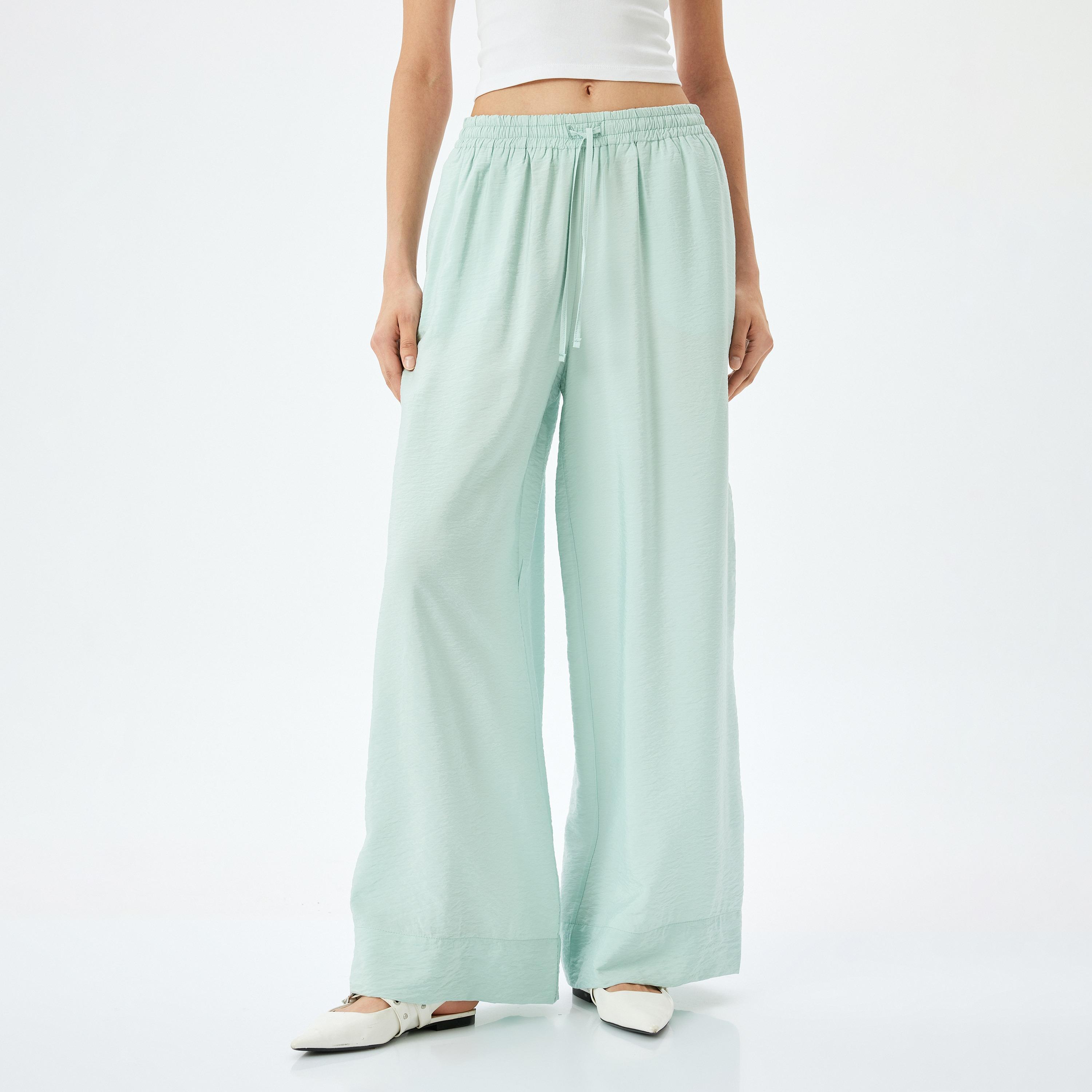 Koton Green Plain Drawstring Women's Trousers-women-clothing-bottoms-trousers-image-1
