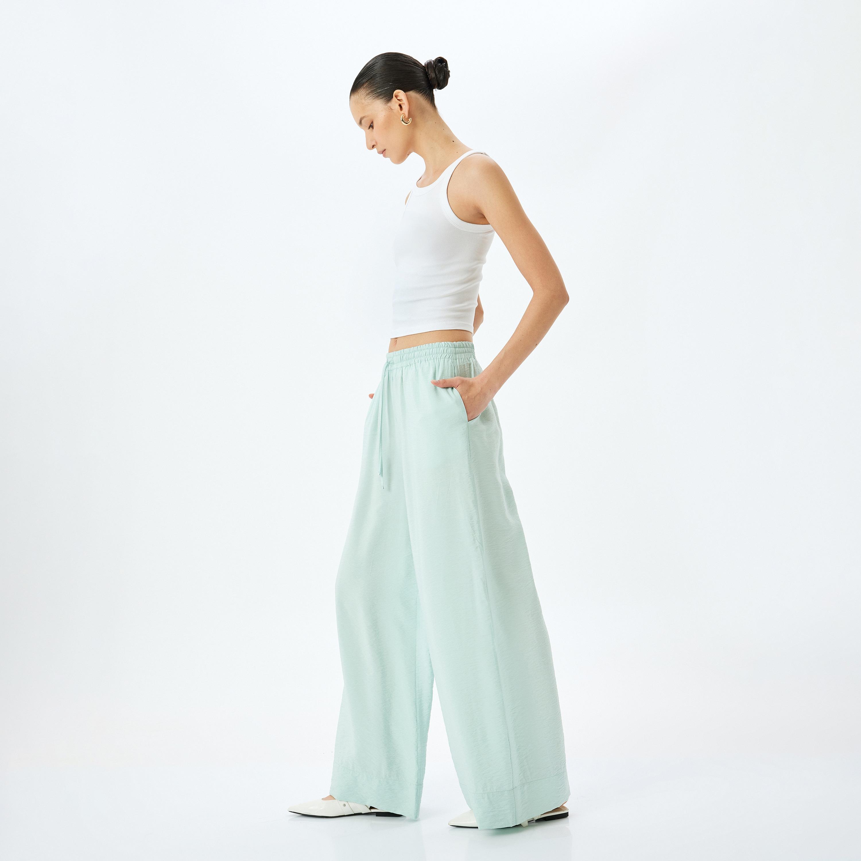 Koton Green Plain Drawstring Women's Trousers-women-clothing-bottoms-trousers-image-2