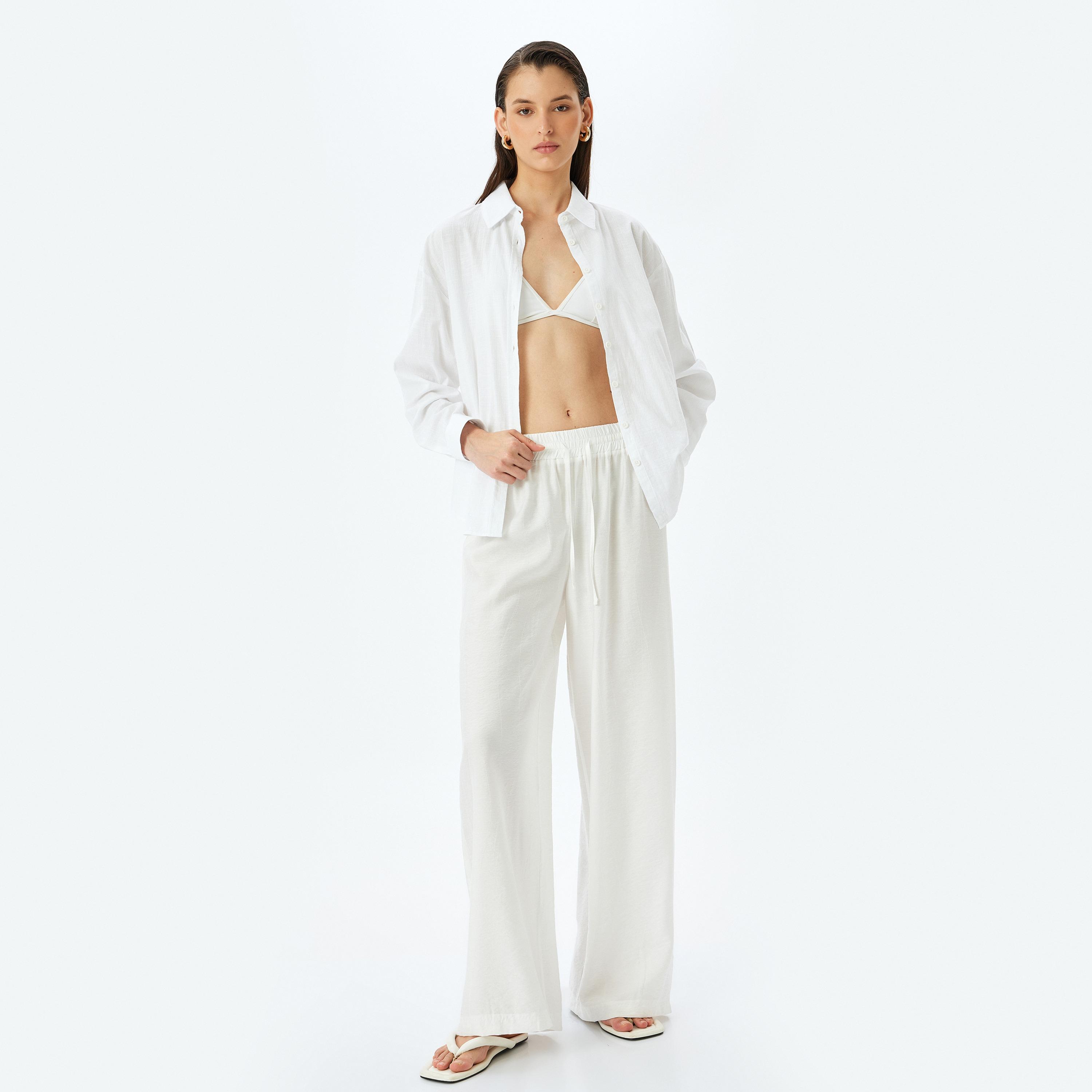 Koton White Plain Drawstring Women's Trousers-women-clothing-bottoms-trousers-image-2