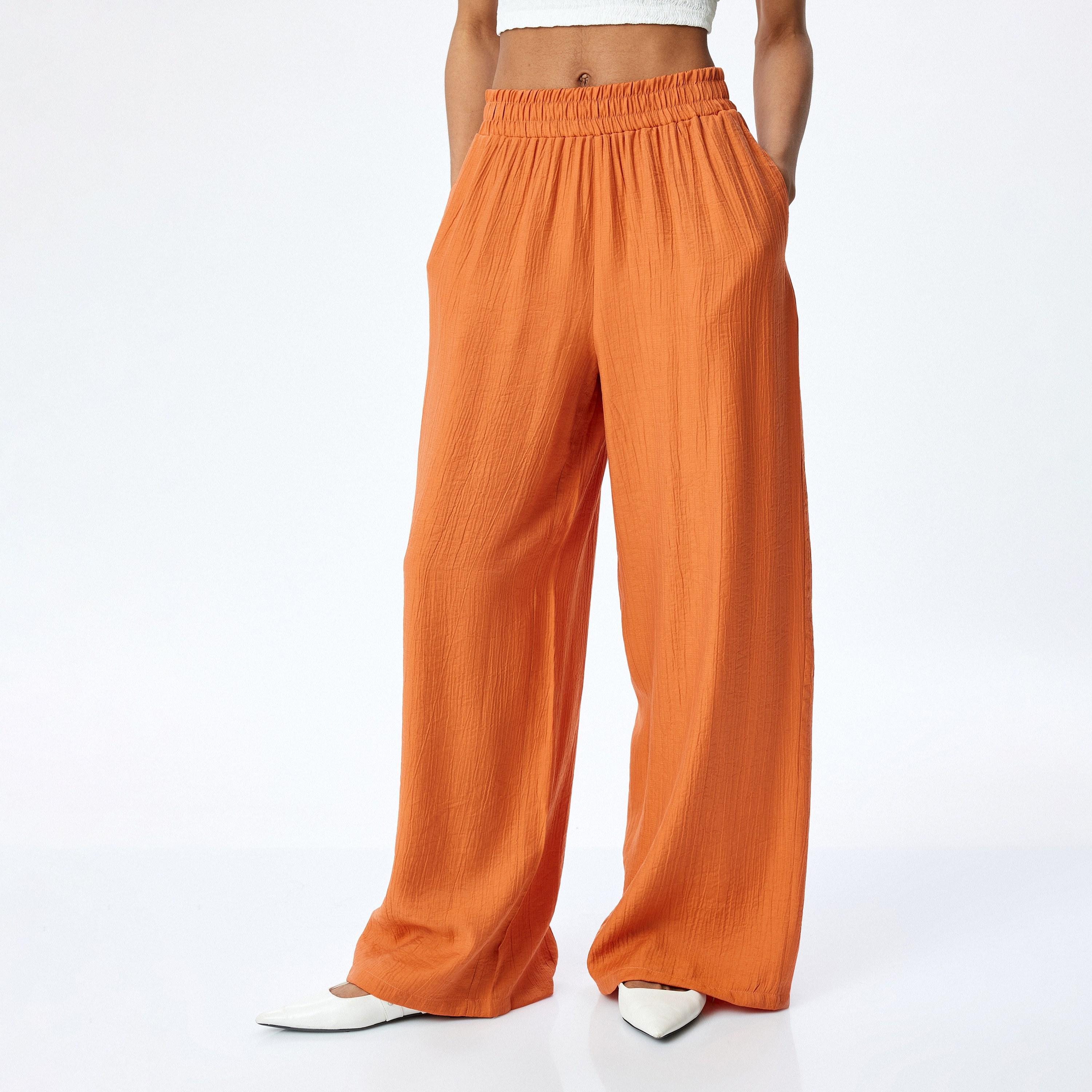 Koton Orange Crinkled Elasticated Waist Women's Trousers-women-clothing-bottoms-trousers-image-1