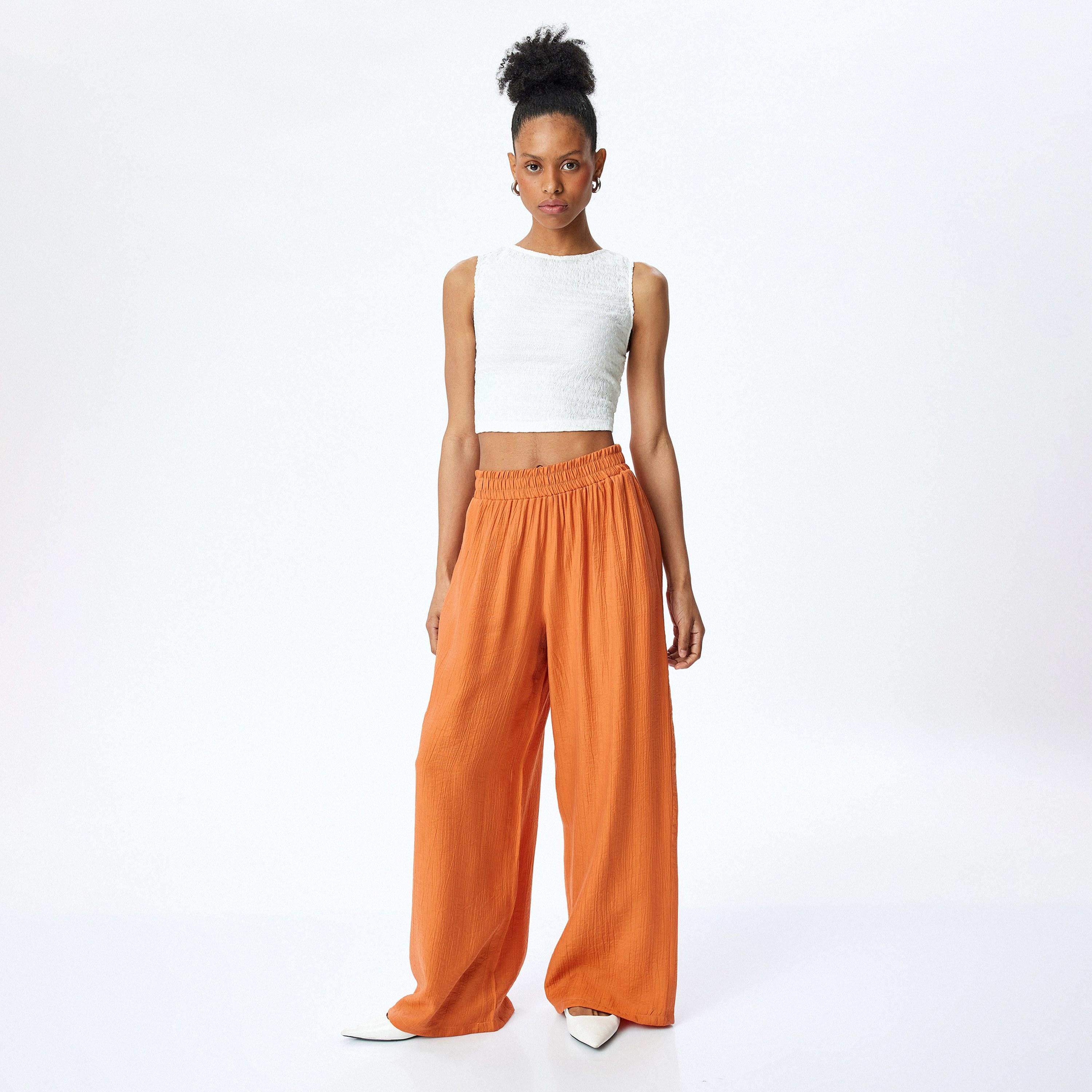 Koton Orange Crinkled Elasticated Waist Women's Trousers-women-clothing-bottoms-trousers-image-2