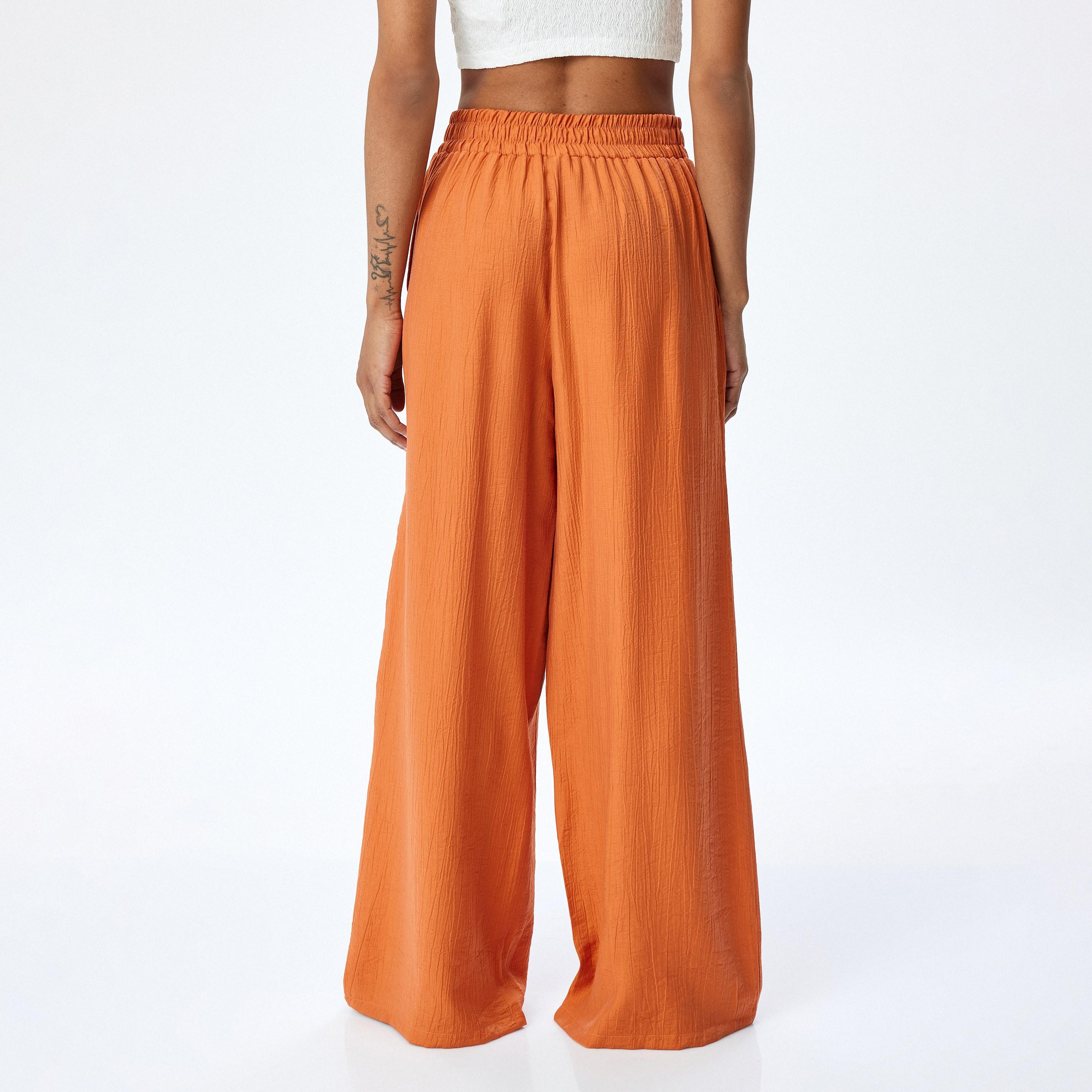 Koton Orange Crinkled Elasticated Waist Women's Trousers-women-clothing-bottoms-trousers-image-3