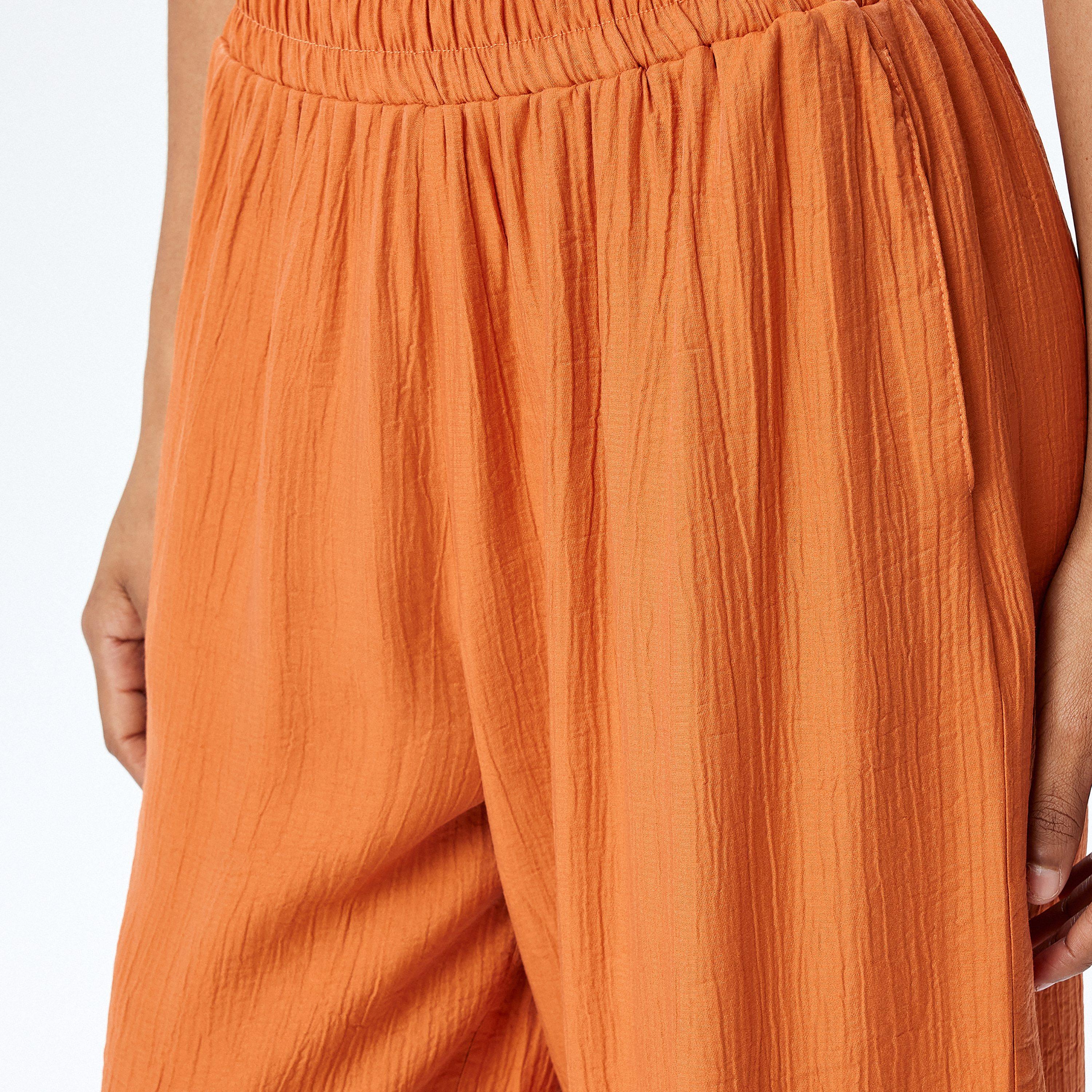 Koton Orange Crinkled Elasticated Waist Women's Trousers-women-clothing-bottoms-trousers-image-4