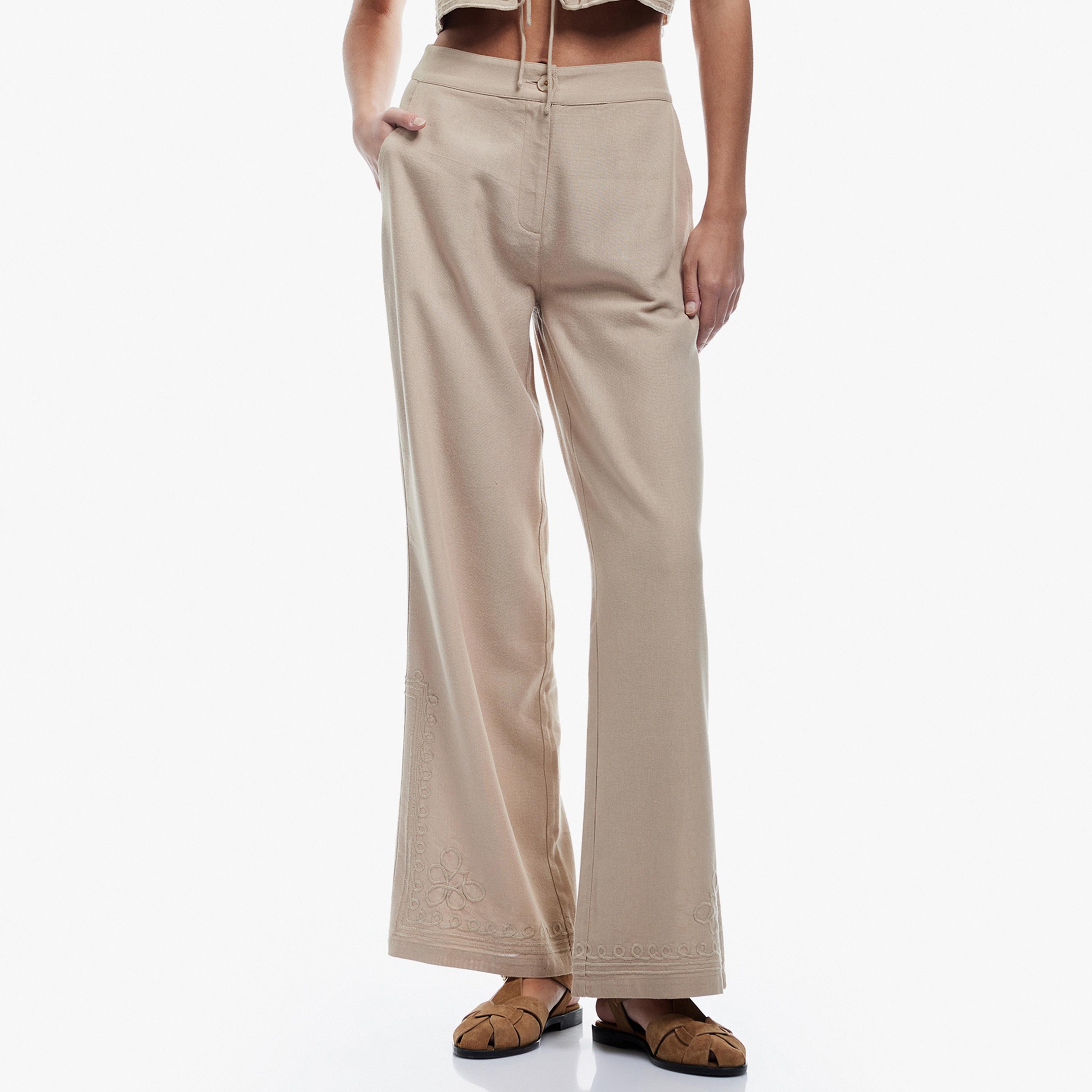 KOTON Brown Embroidered Zip Fly Wide Leg Women's Trousers-women-clothing-bottoms-trousers-image-1