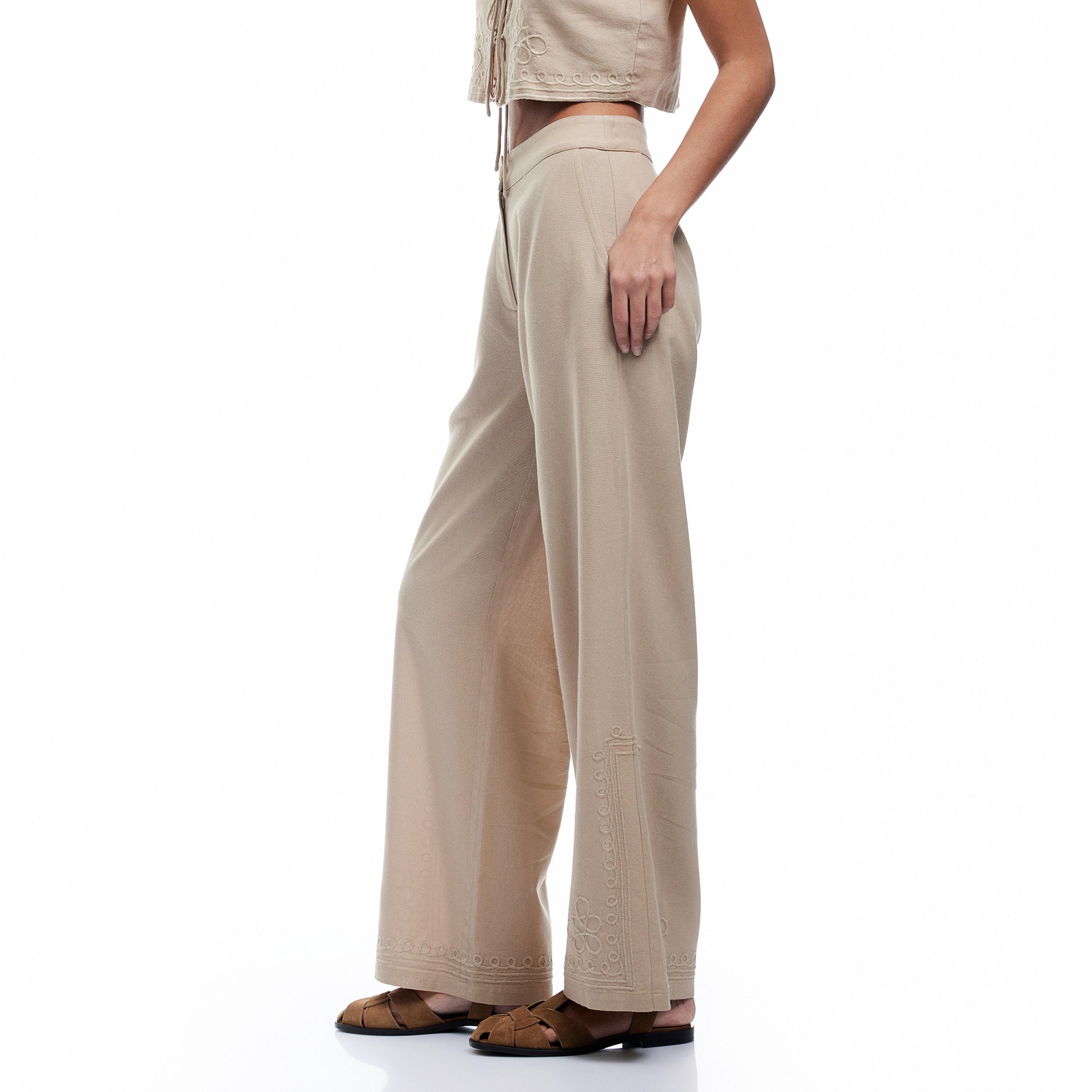 بنطال نسائي مطرز بقصة أرجل واسعة وسحاب بلون بني من كوتون-women-clothing-bottoms-trousers-image-3