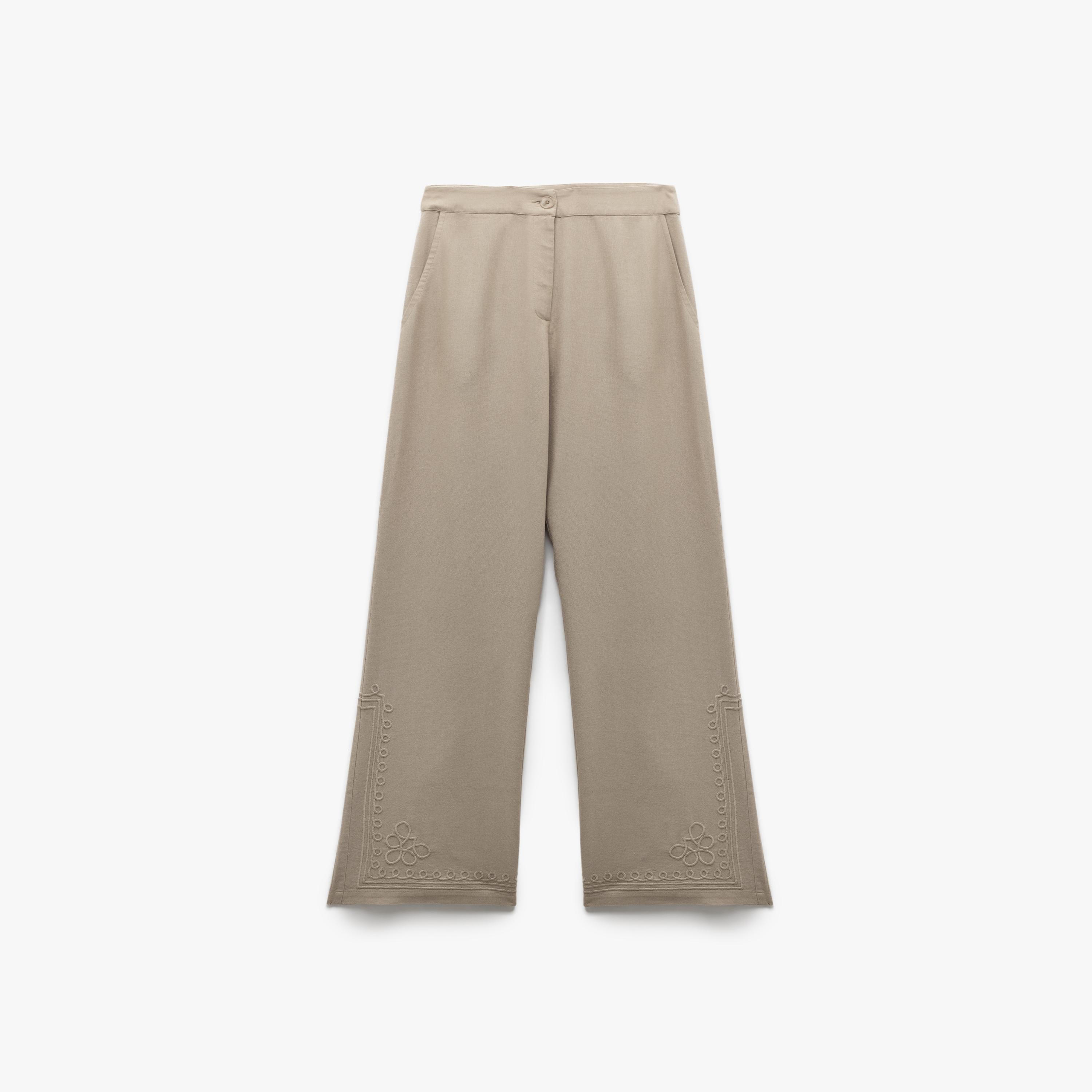 KOTON Brown Embroidered Zip Fly Wide Leg Women's Trousers-women-clothing-bottoms-trousers-image-4