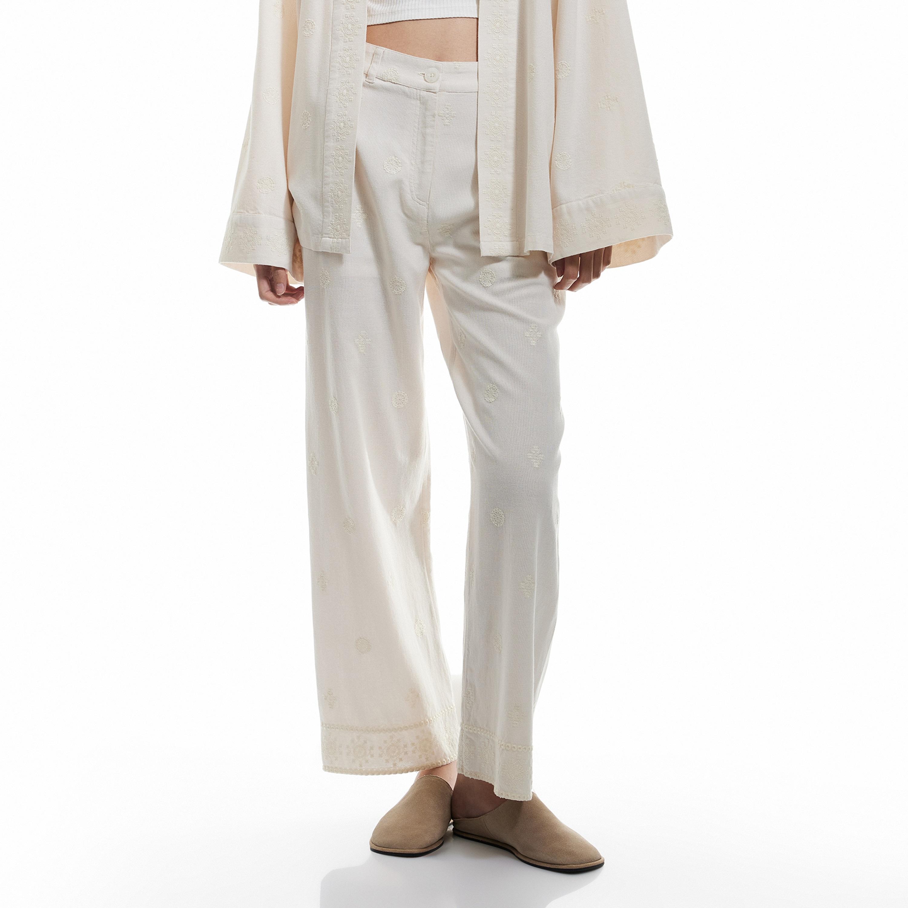 KOTON Beige Geometric Embroidered Zip Fly Wide Leg Women's Trousers-women-clothing-bottoms-trousers-image-1