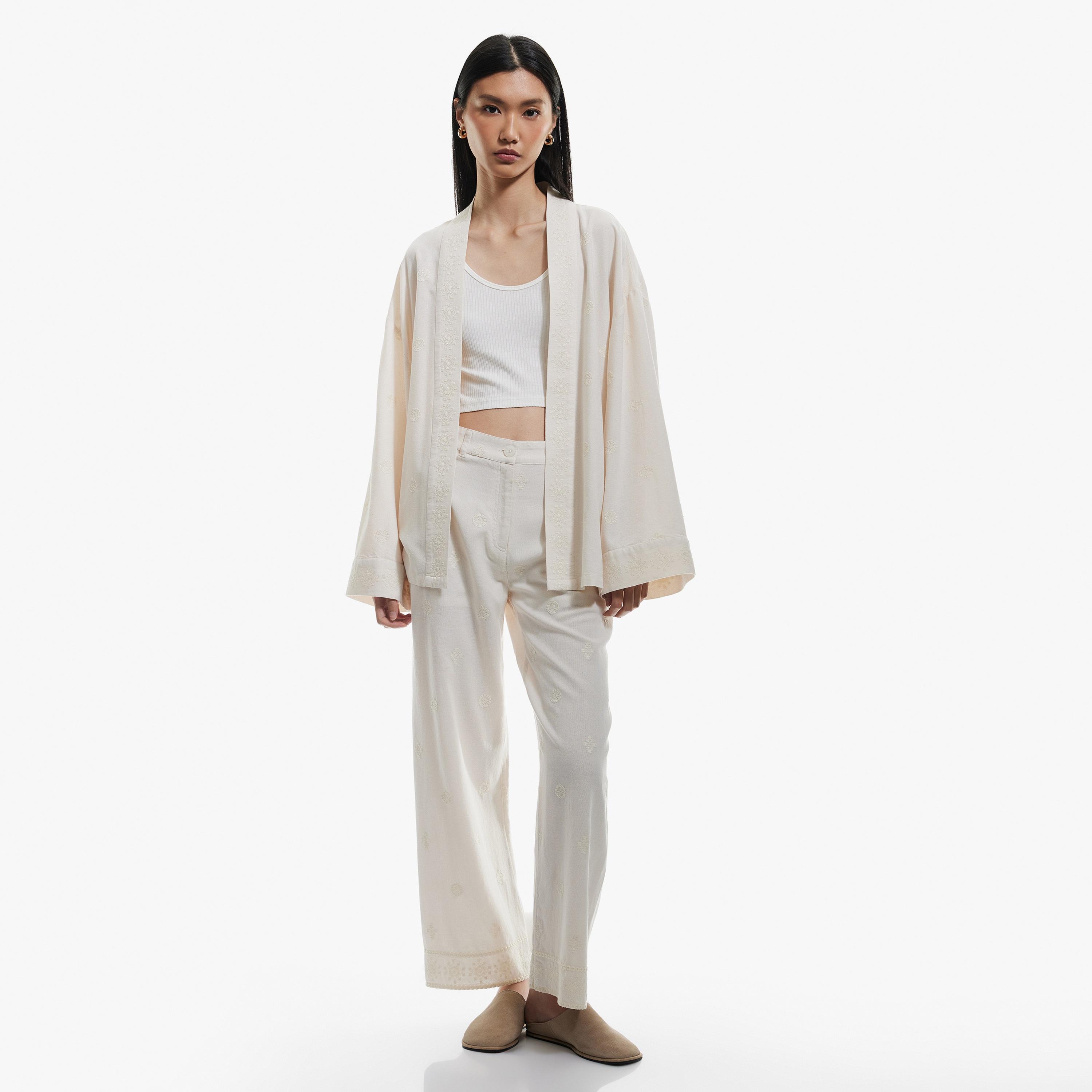 KOTON Beige Geometric Embroidered Zip Fly Wide Leg Women's Trousers-women-clothing-bottoms-trousers-image-2