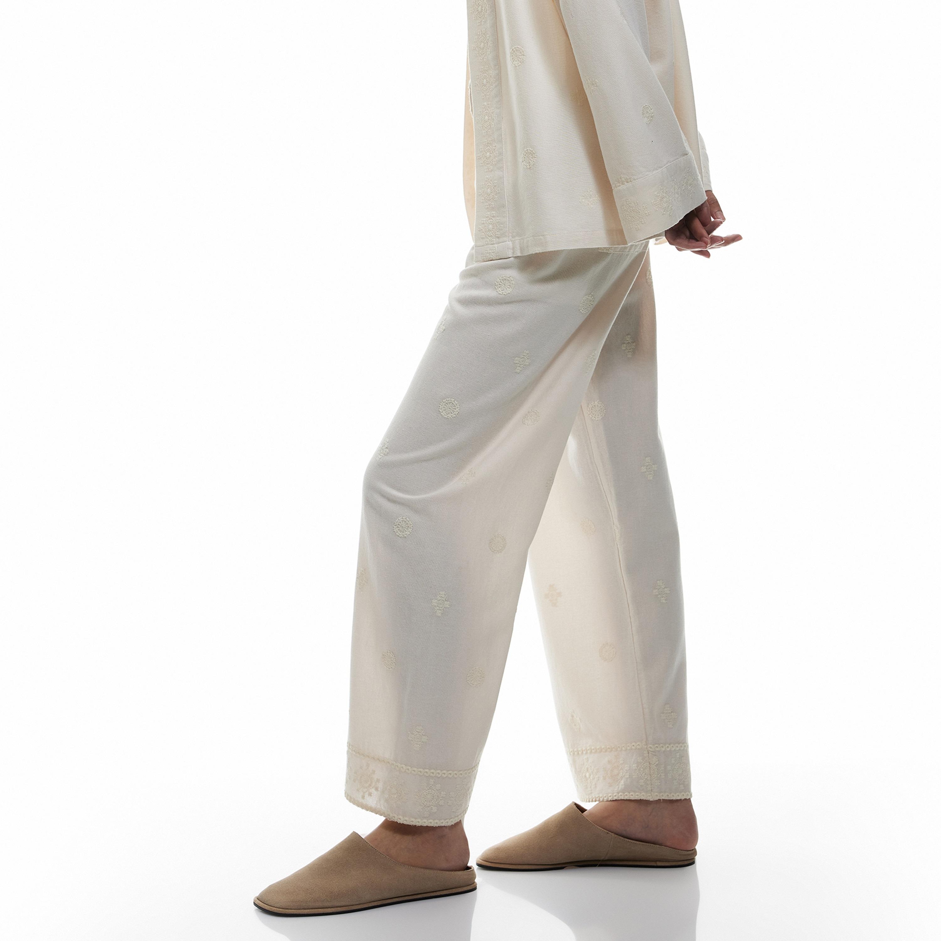 KOTON Beige Geometric Embroidered Zip Fly Wide Leg Women's Trousers-women-clothing-bottoms-trousers-image-3