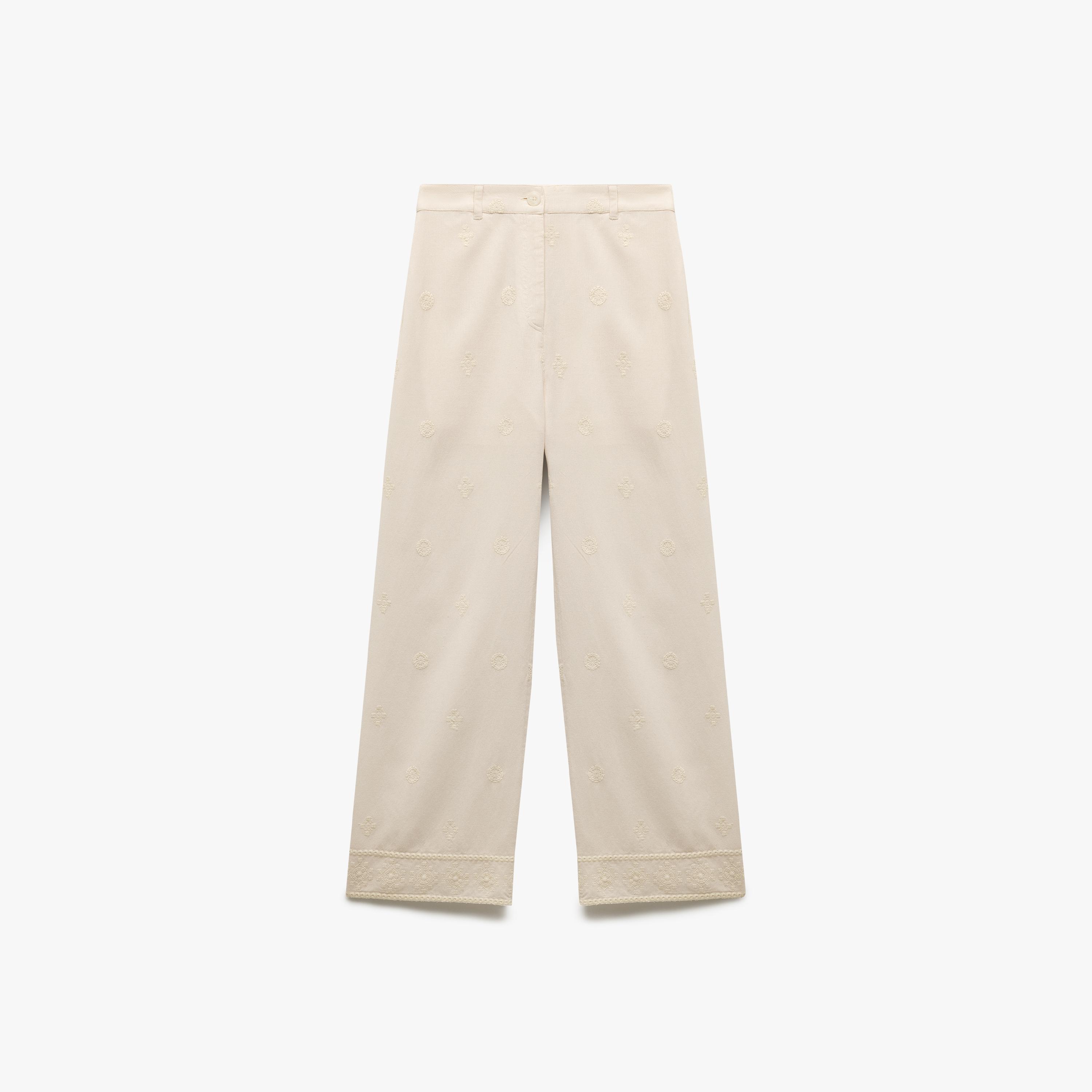 KOTON Beige Geometric Embroidered Zip Fly Wide Leg Women's Trousers-women-clothing-bottoms-trousers-image-4