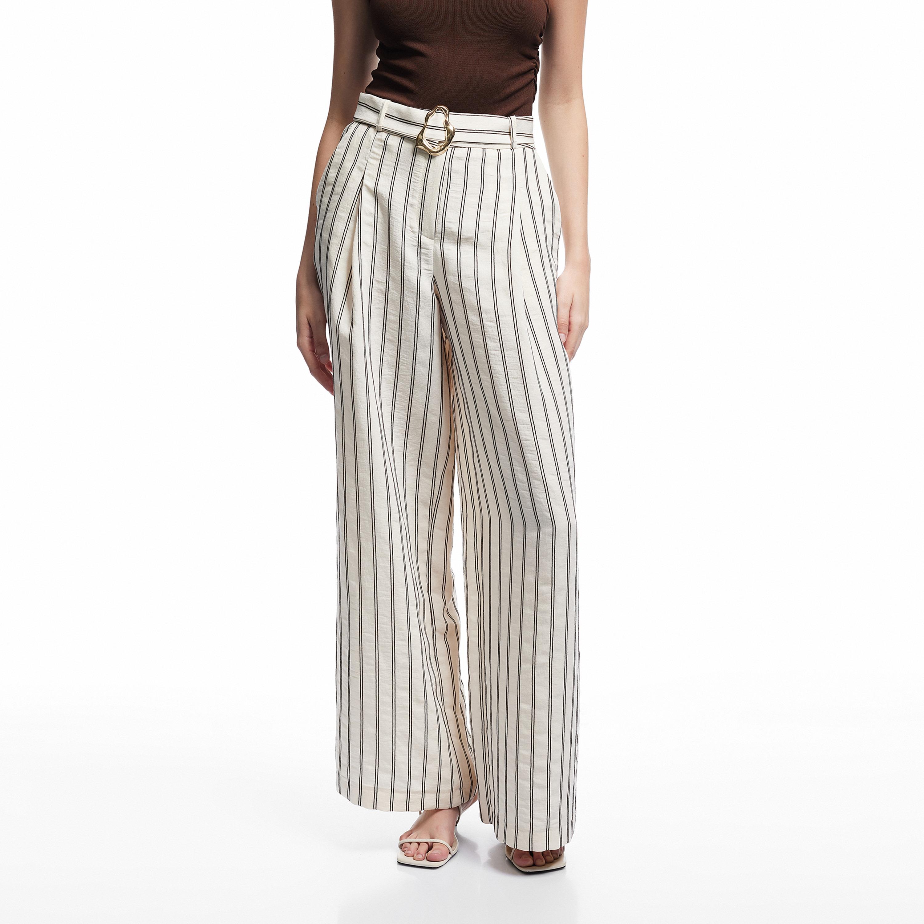 KOTON Brown Striped Zip Fly Wide Leg Women's Trousers-women-clothing-bottoms-trousers-image-1