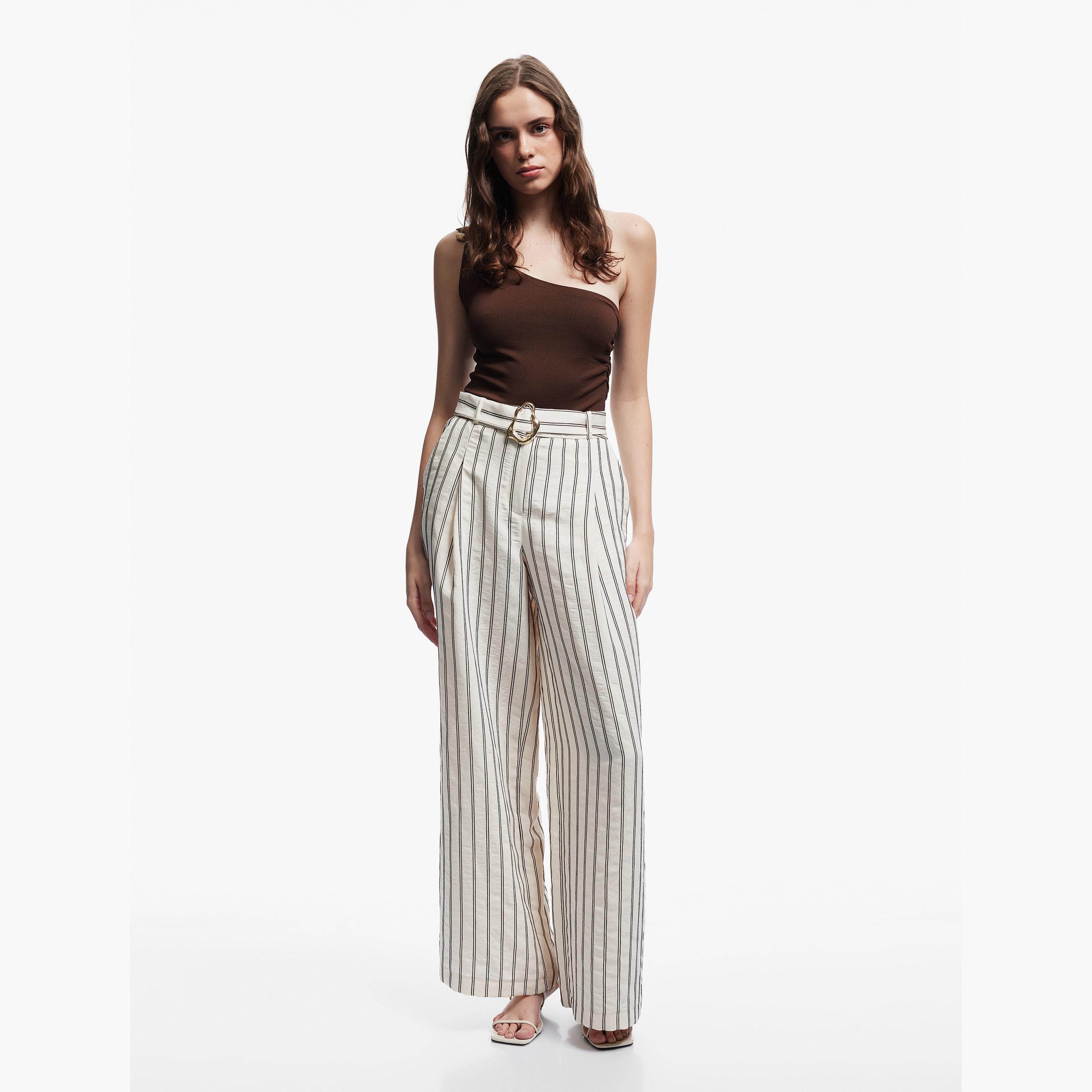 KOTON Brown Striped Zip Fly Wide Leg Women's Trousers-women-clothing-bottoms-trousers-image-2
