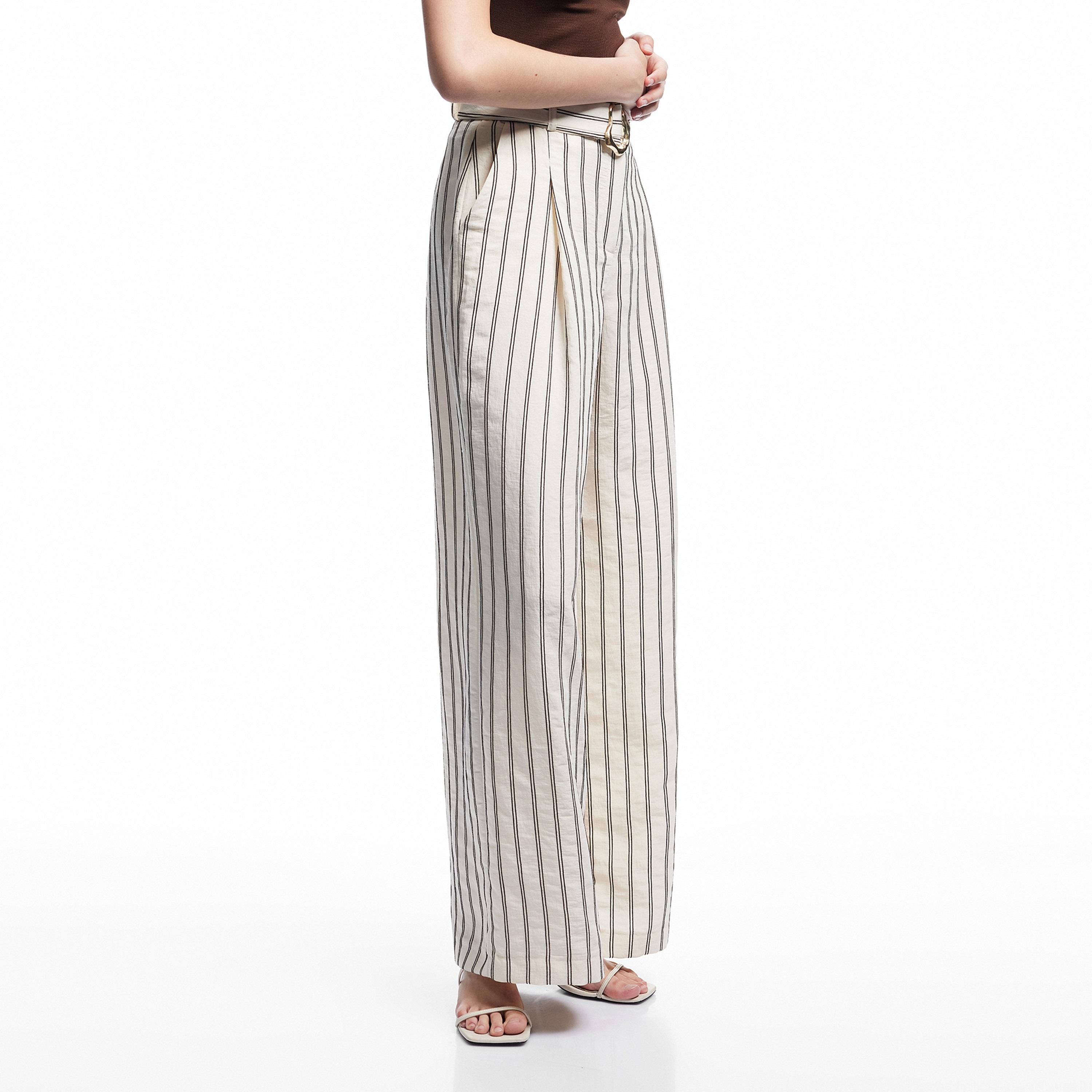 KOTON Brown Striped Zip Fly Wide Leg Women's Trousers-women-clothing-bottoms-trousers-image-3