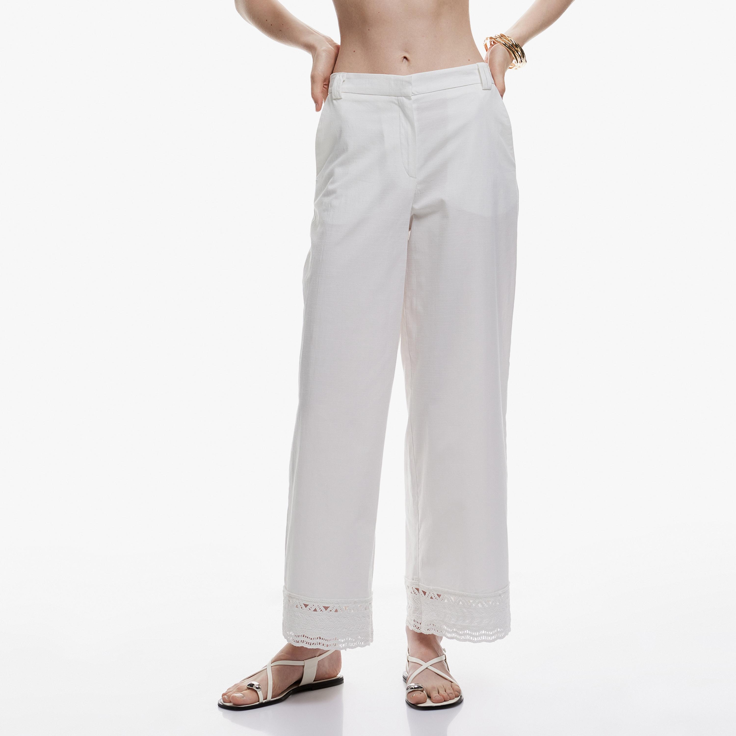 KOTON White Zip Fly Wide Leg Women's Trousers-women-clothing-bottoms-trousers-image-1