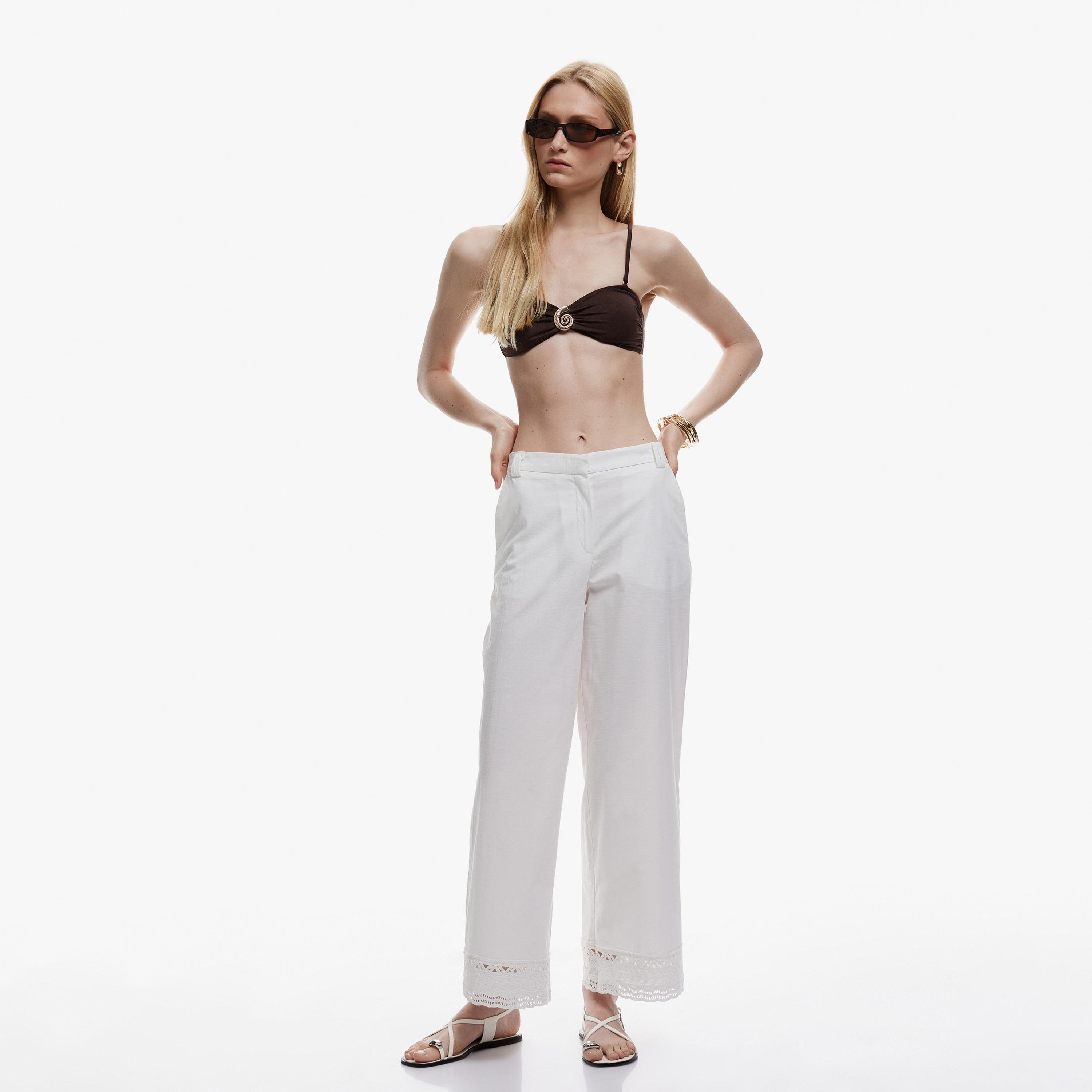 KOTON White Zip Fly Wide Leg Women's Trousers-women-clothing-bottoms-trousers-image-2