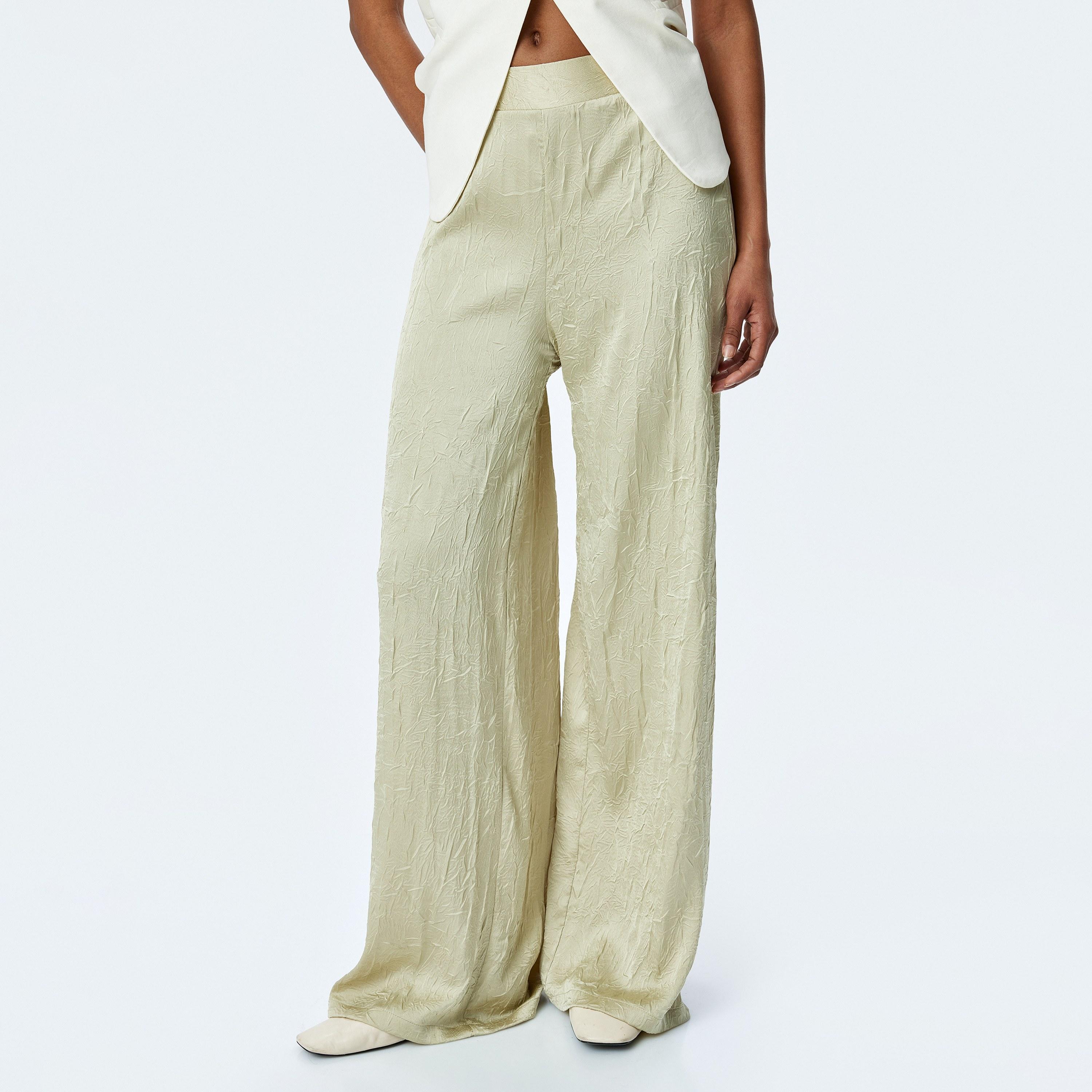 Koton Green Crinkled Elasticated Waist Women's Trousers-women-clothing-bottoms-trousers-image-1