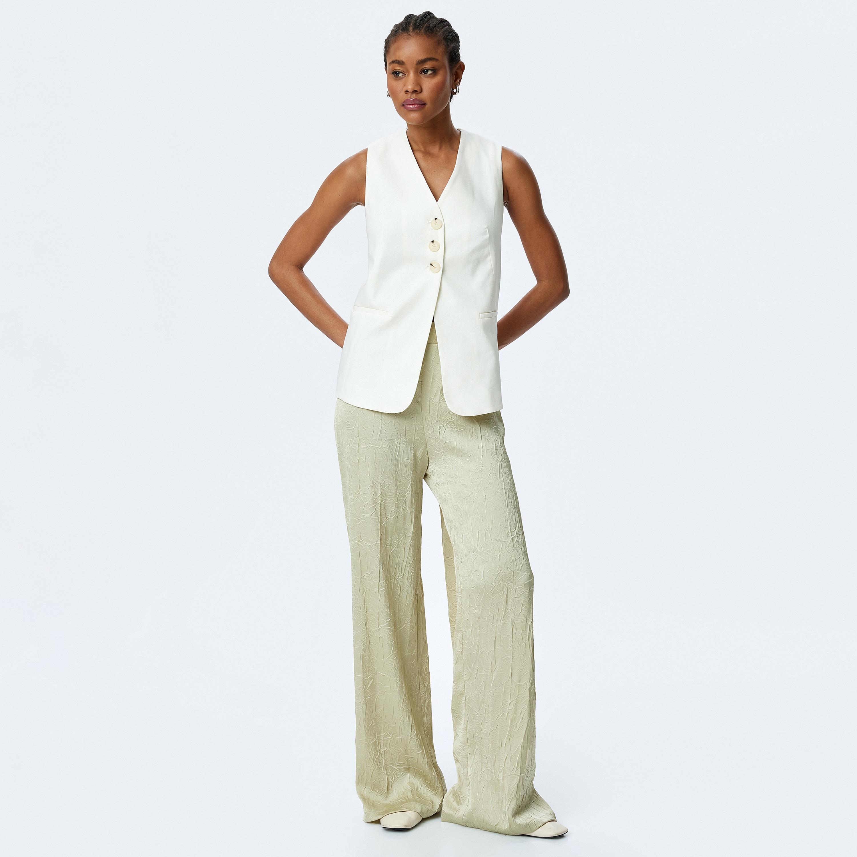 Koton Green Crinkled Elasticated Waist Women's Trousers-women-clothing-bottoms-trousers-image-2