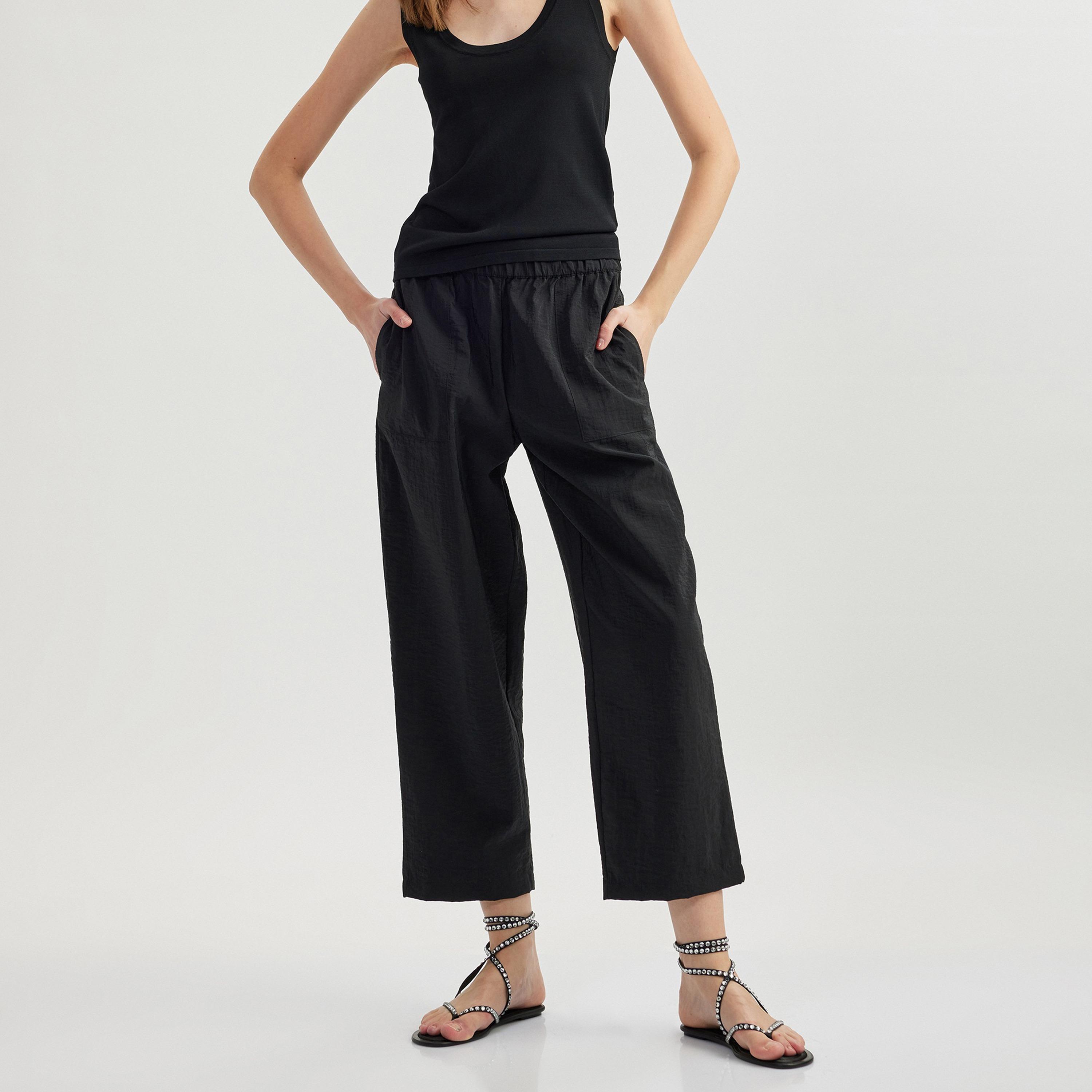 Koton Black Crinkled Elasticated Waist Women's Culottes-women-clothing-bottoms-trousers-image-1