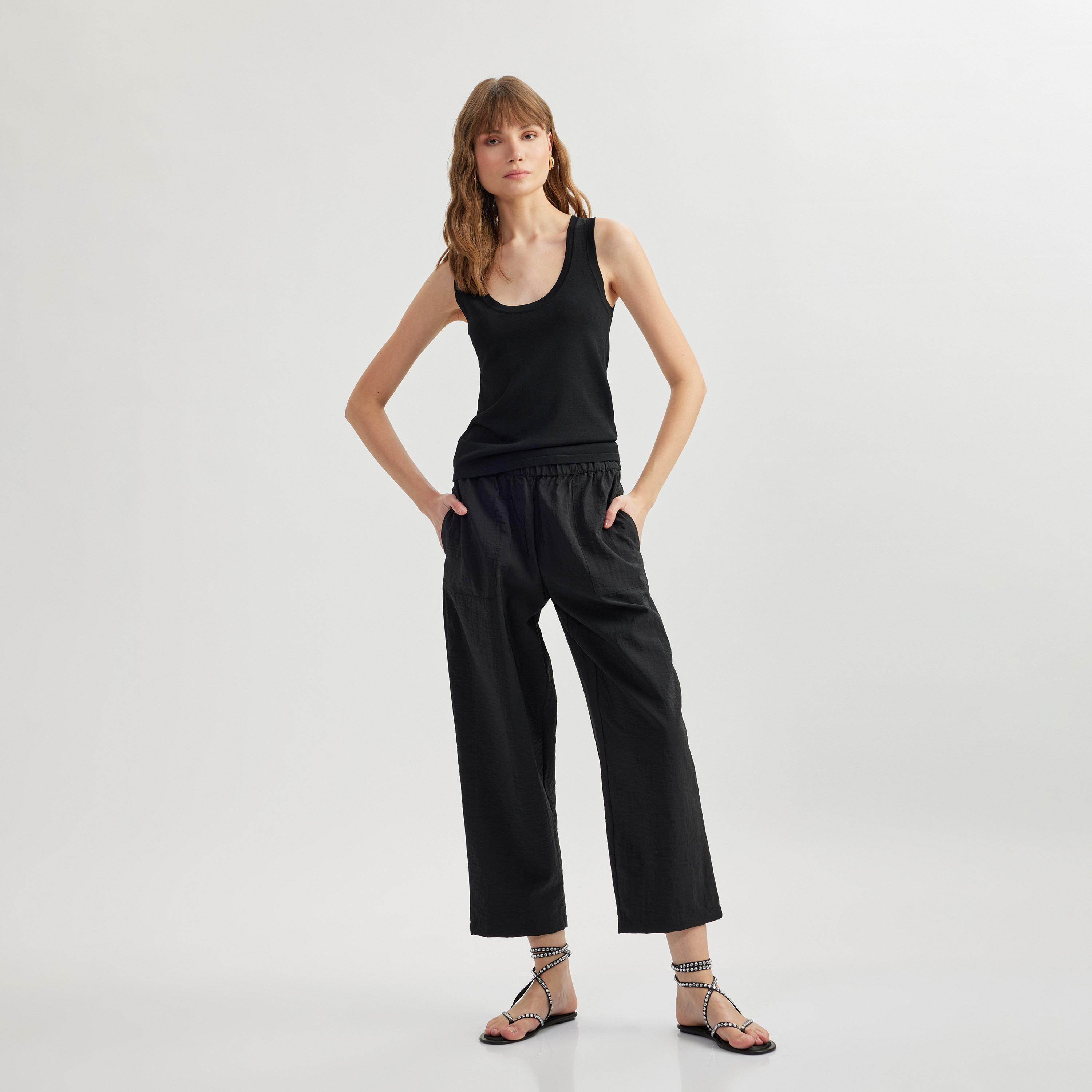 Koton Black Crinkled Elasticated Waist Women's Culottes-women-clothing-bottoms-trousers-image-2