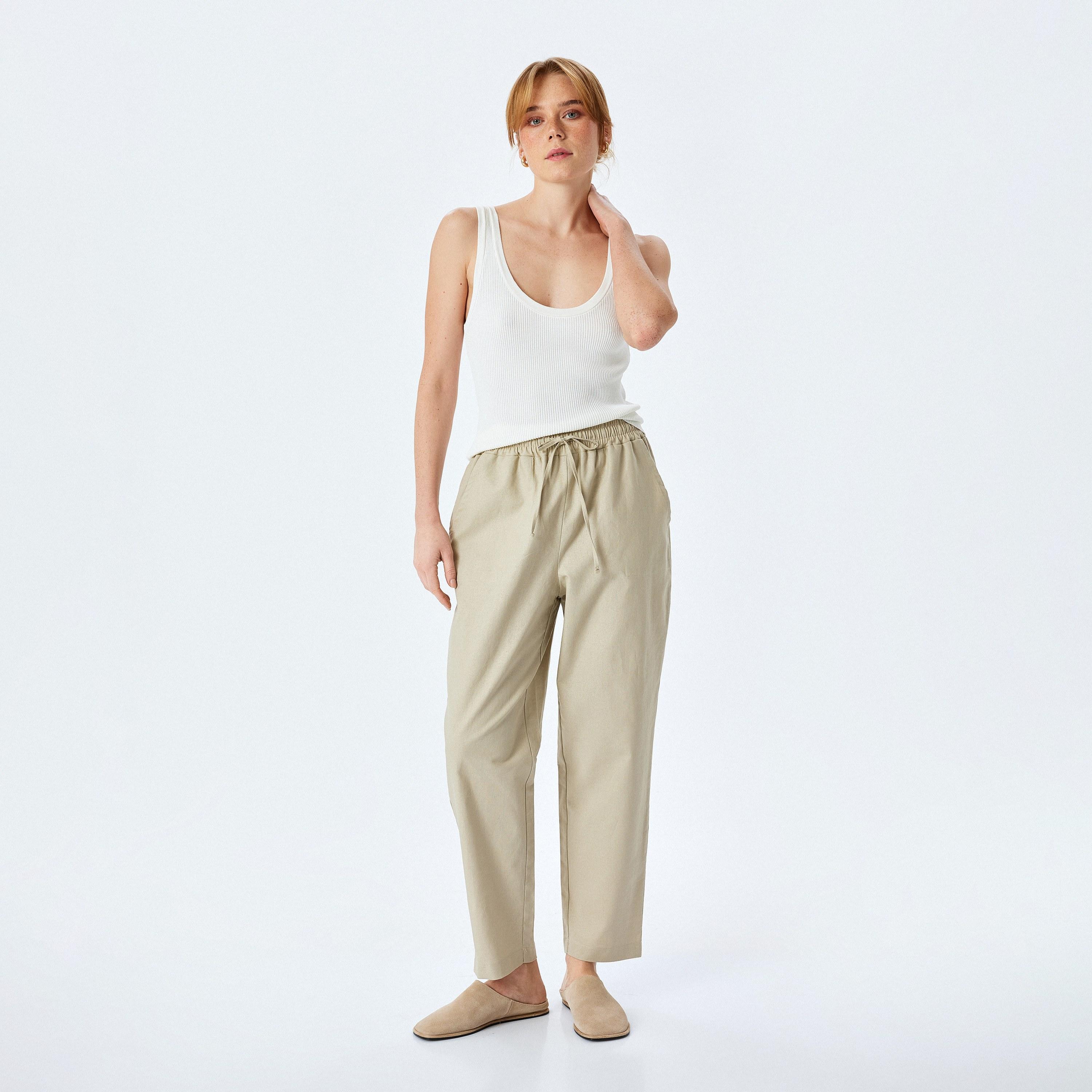 Koton Beige Plain Drawstring Women's Trousers-women-clothing-bottoms-trousers-image-2