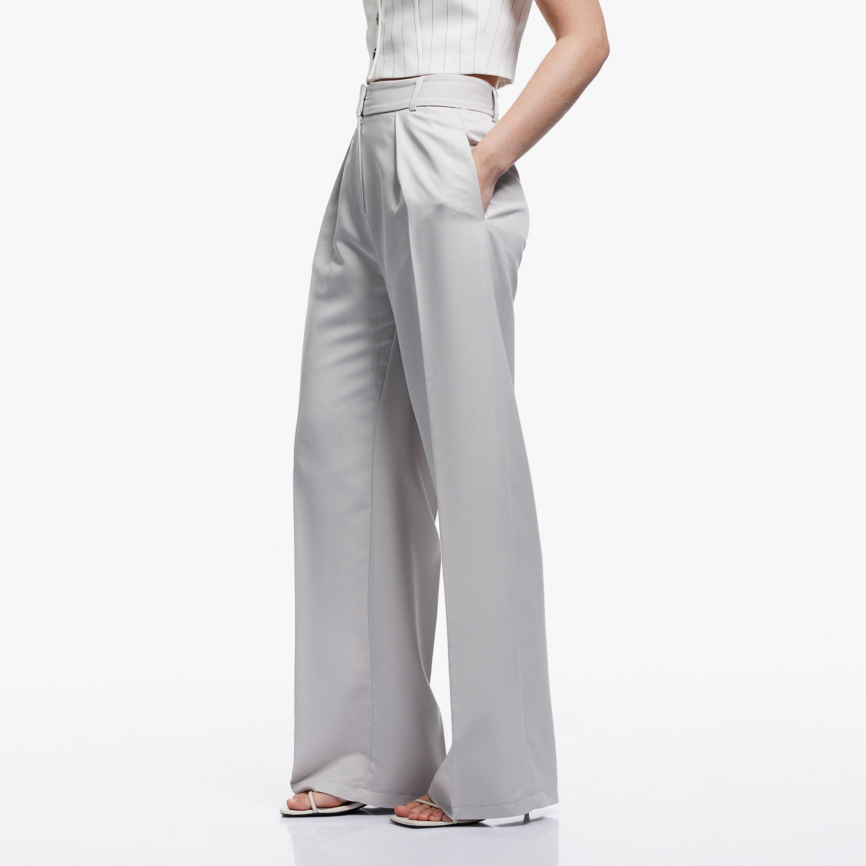 KOTON Grey Zip Fly Wide Leg Women's Trousers-women-clothing-bottoms-trousers-image-3