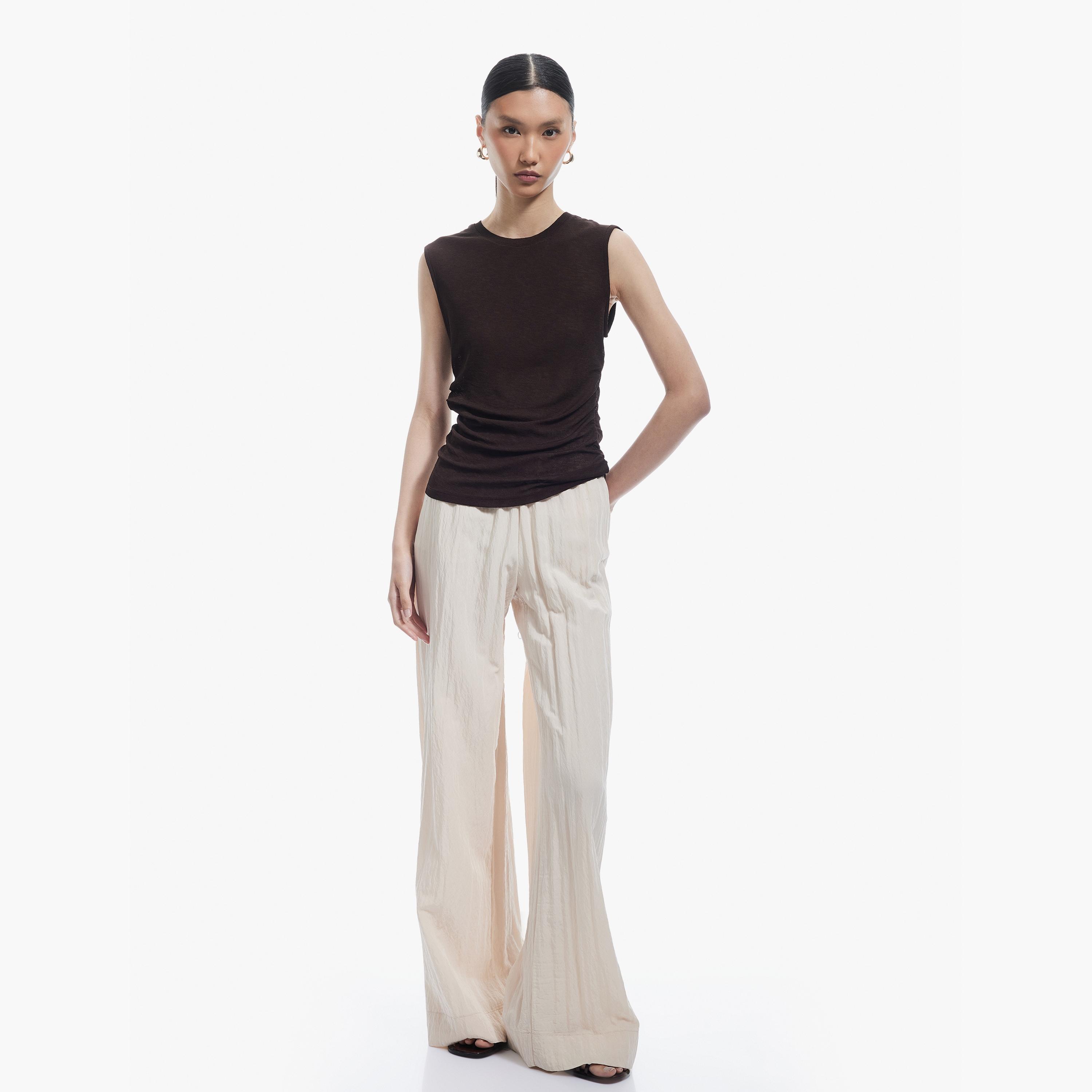 KOTON Beige Textured Elasticated Waist Wide Leg Women's Trousers-women-clothing-bottoms-trousers-image-2