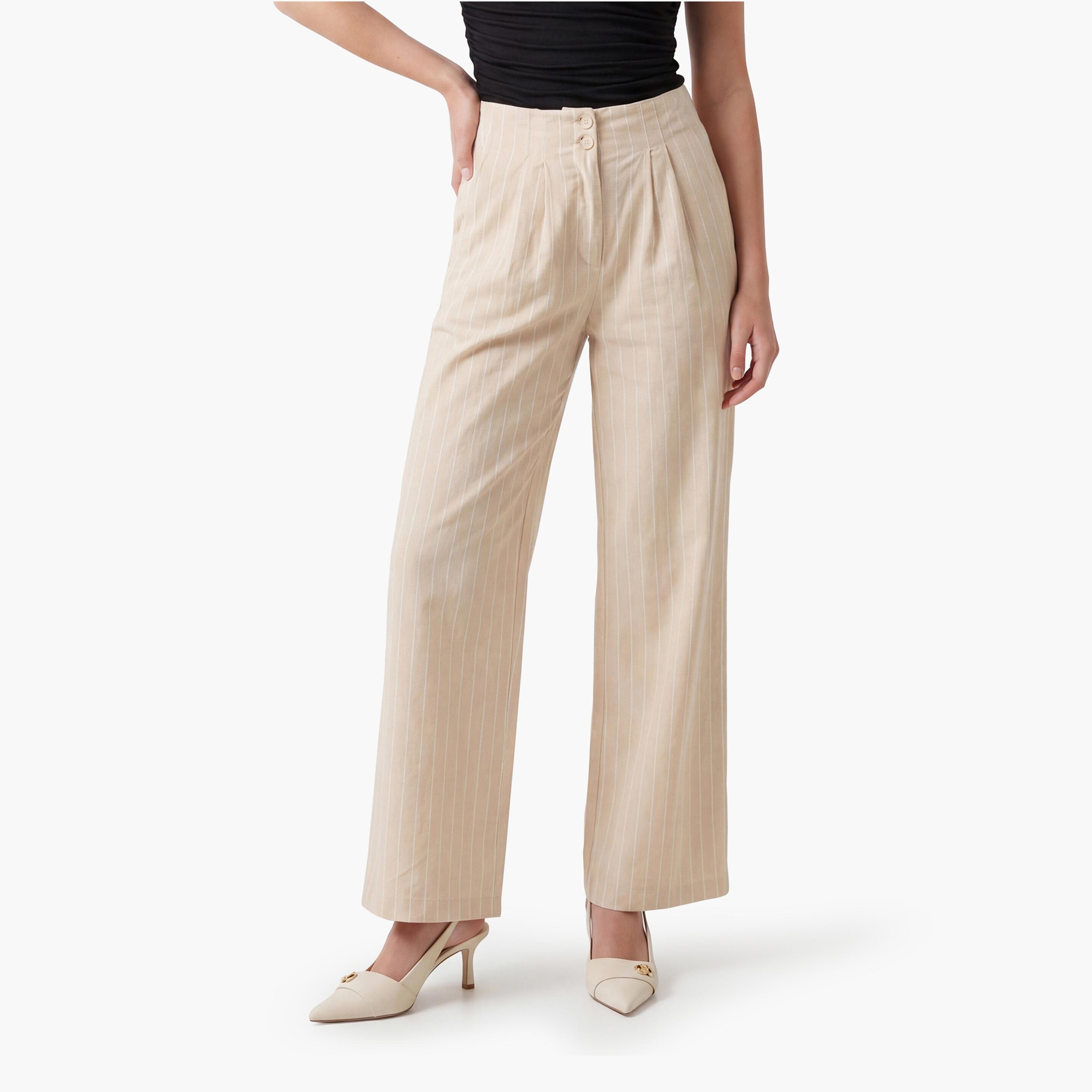 KOTON Beige Striped Linen Semi-Elasticated Waist Wide Leg Women's Trousers-women-clothing-bottoms-trousers-image-1