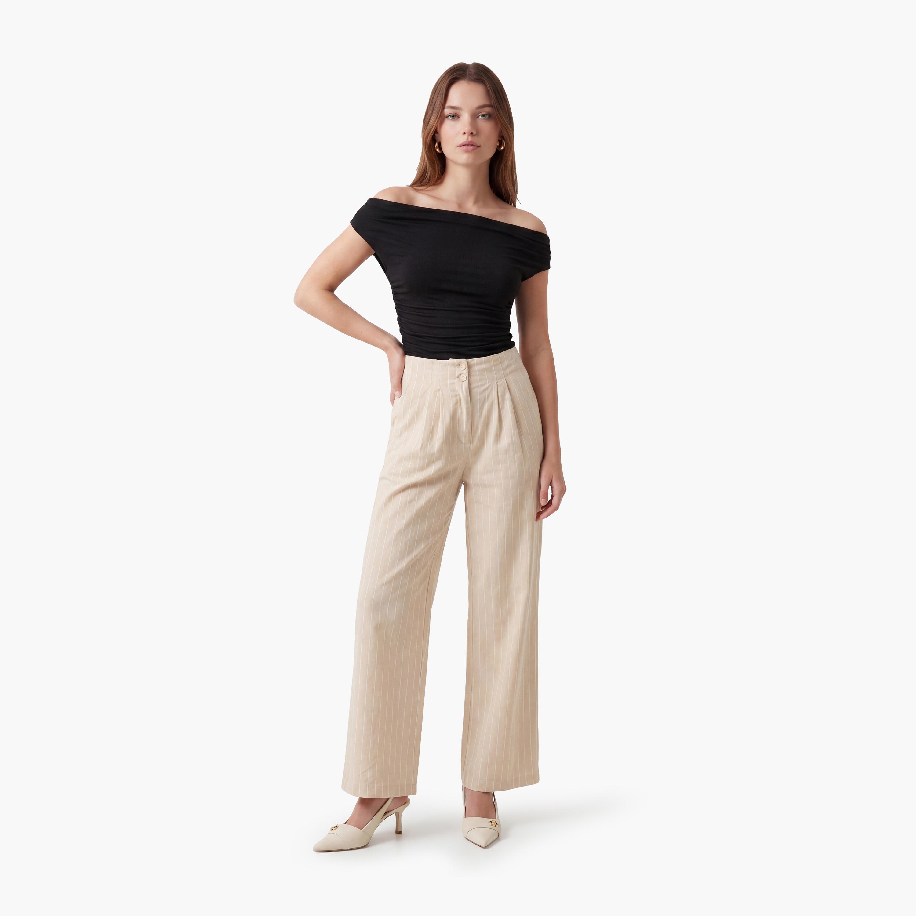 KOTON Beige Striped Linen Semi-Elasticated Waist Wide Leg Women's Trousers-women-clothing-bottoms-trousers-image-2