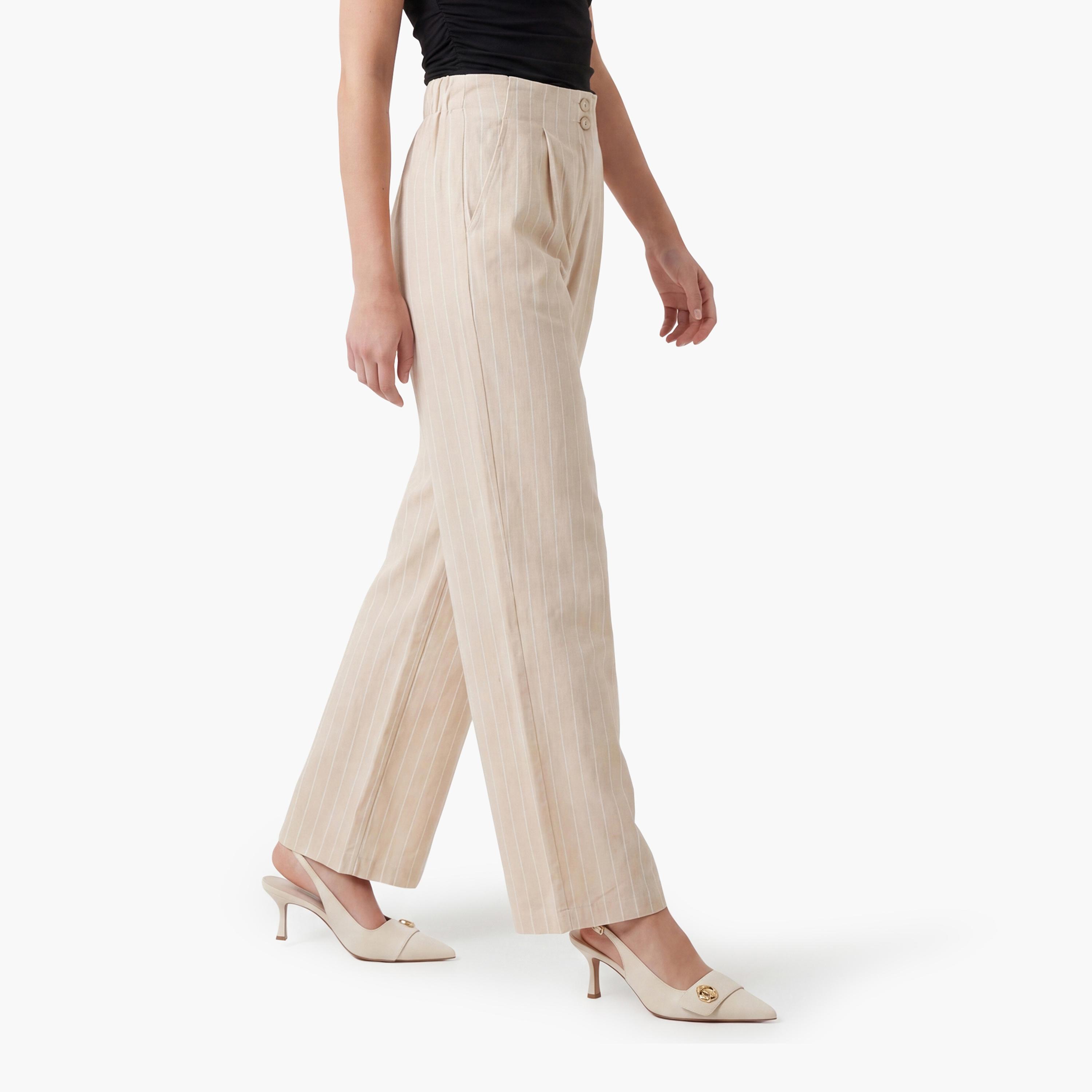 KOTON Beige Striped Linen Semi-Elasticated Waist Wide Leg Women's Trousers-women-clothing-bottoms-trousers-image-3