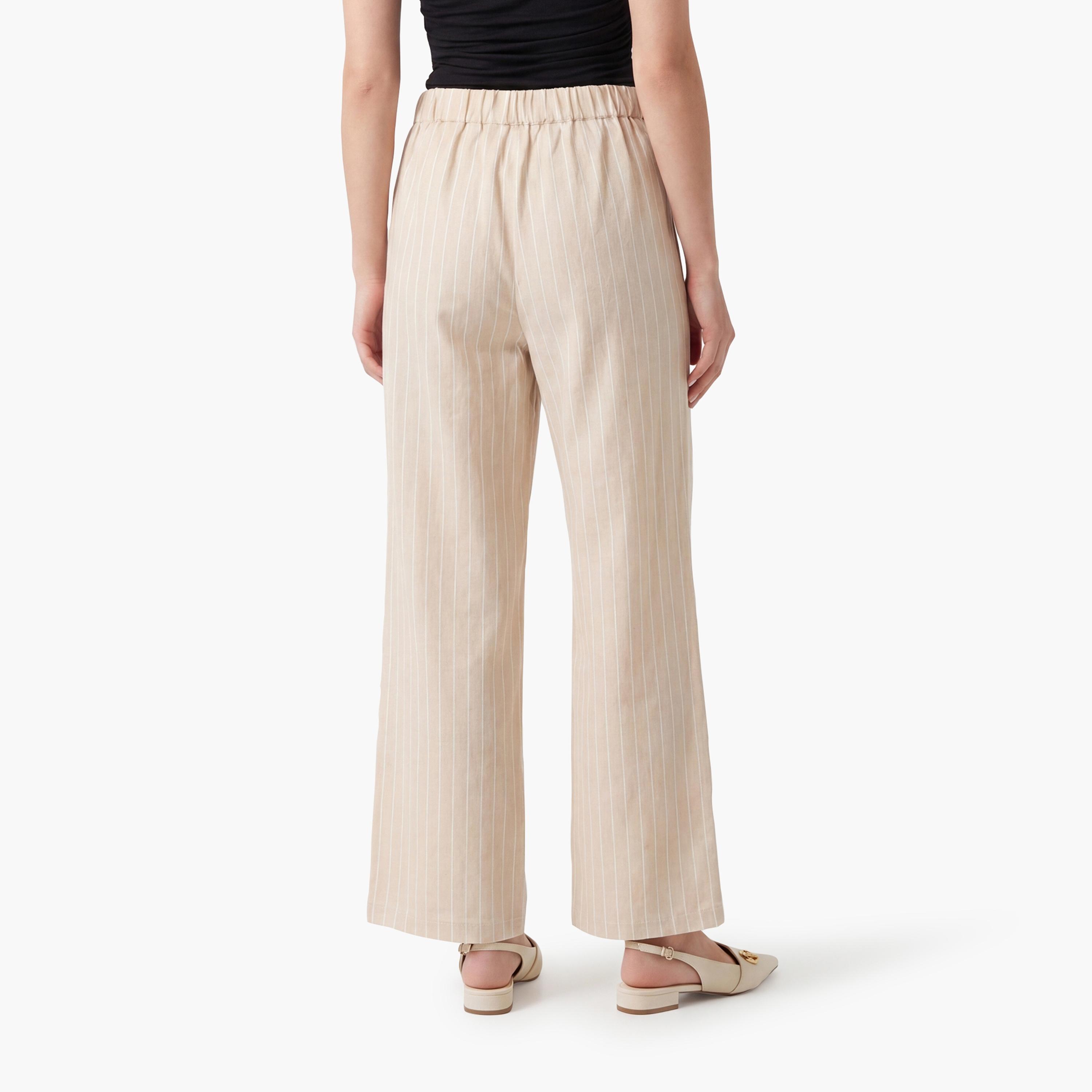 KOTON Beige Striped Linen Semi-Elasticated Waist Wide Leg Women's Trousers-women-clothing-bottoms-trousers-image-4