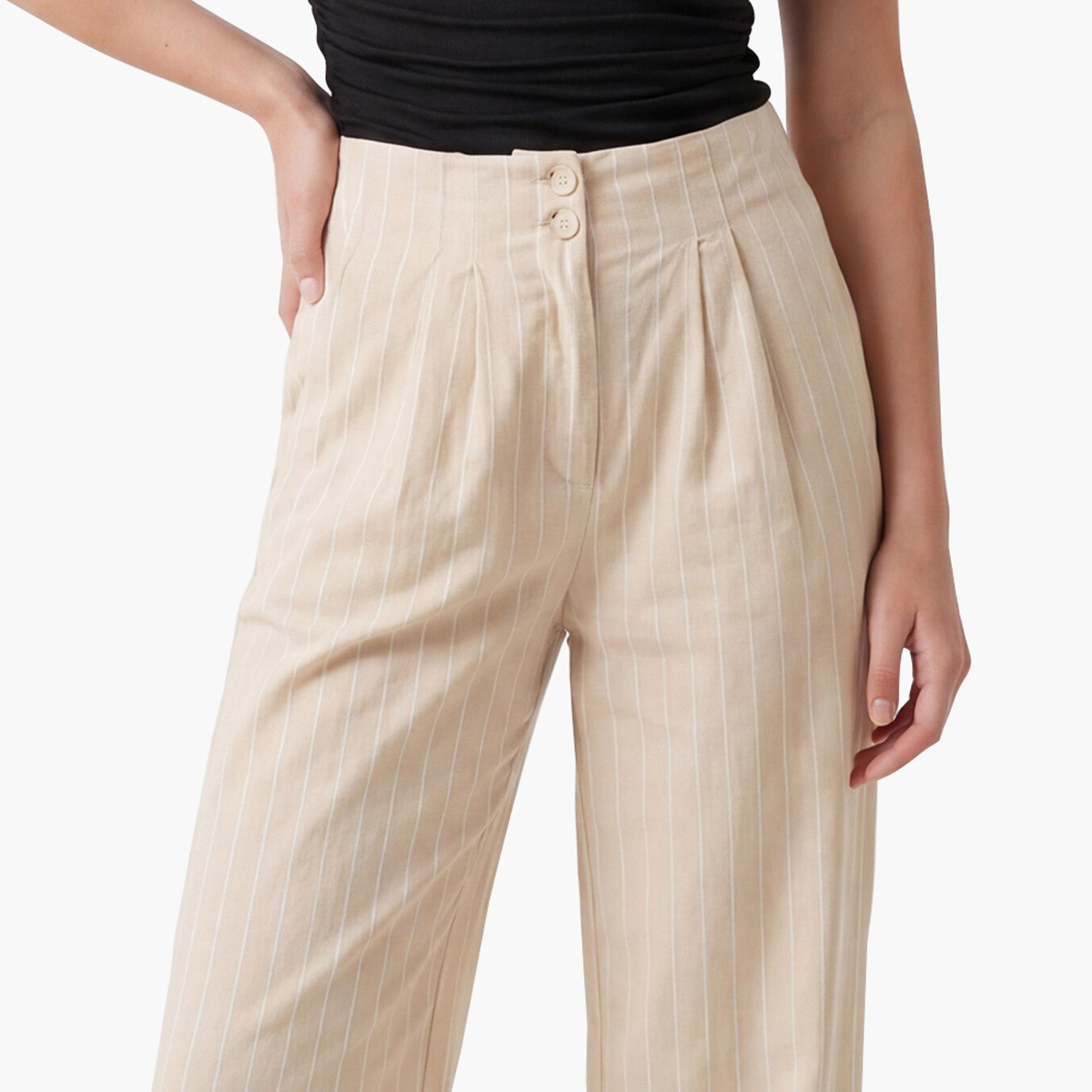 KOTON Beige Striped Linen Semi-Elasticated Waist Wide Leg Women's Trousers-women-clothing-bottoms-trousers-image-5