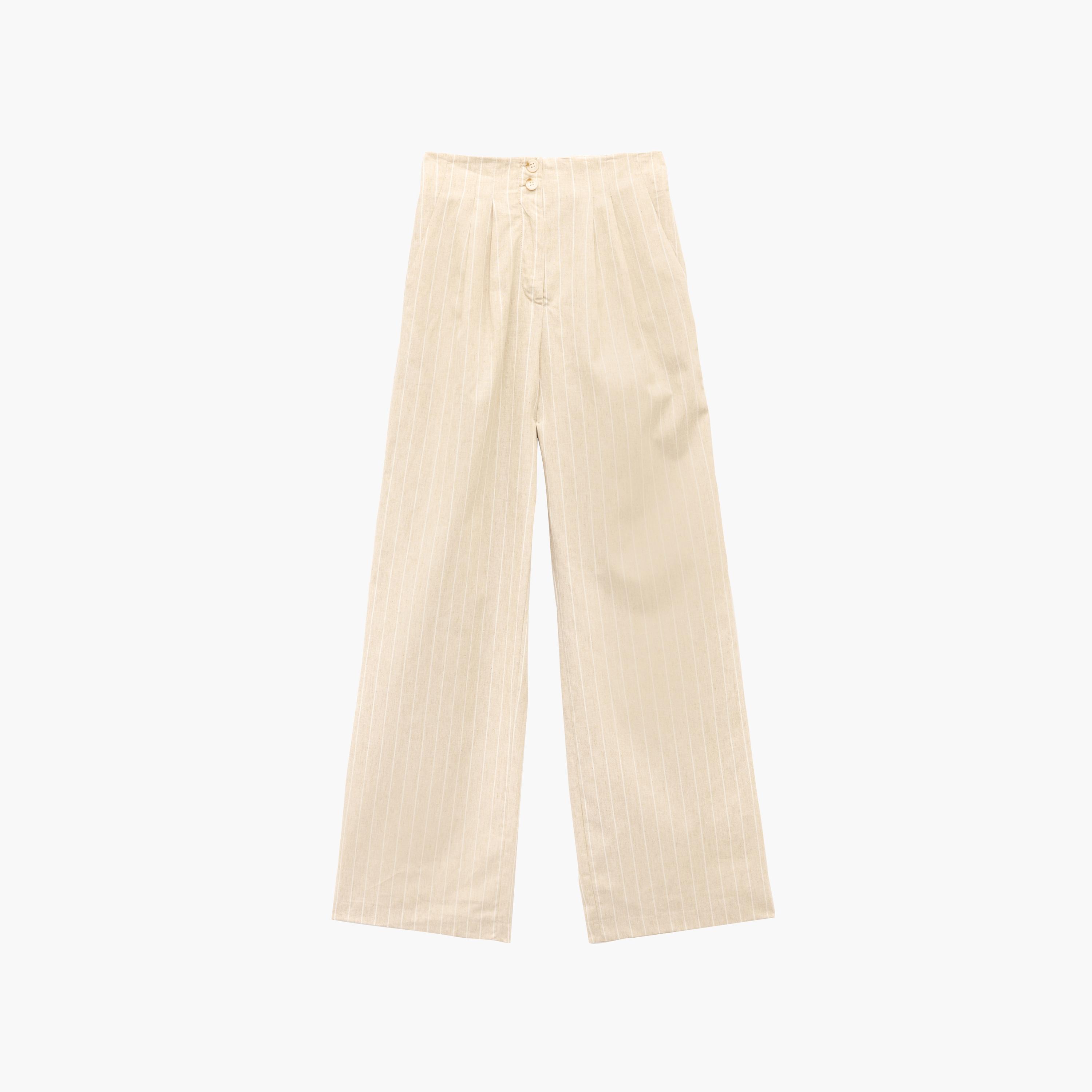 KOTON Beige Striped Linen Semi-Elasticated Waist Wide Leg Women's Trousers-women-clothing-bottoms-trousers-image-6