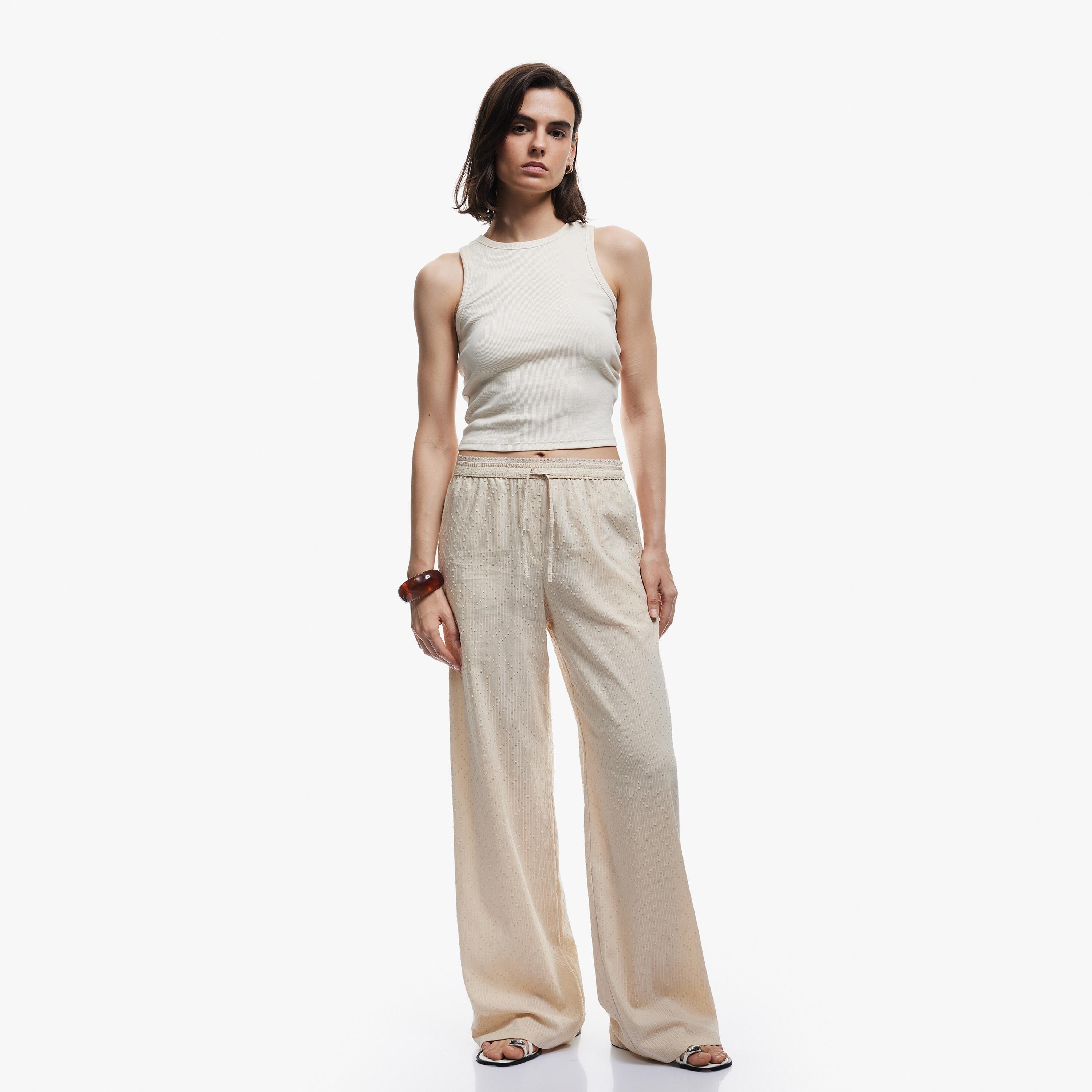 KOTON Beige Striped & Textured Drawstring Waist Wide Leg Women's Trousers-women-clothing-bottoms-trousers-image-2