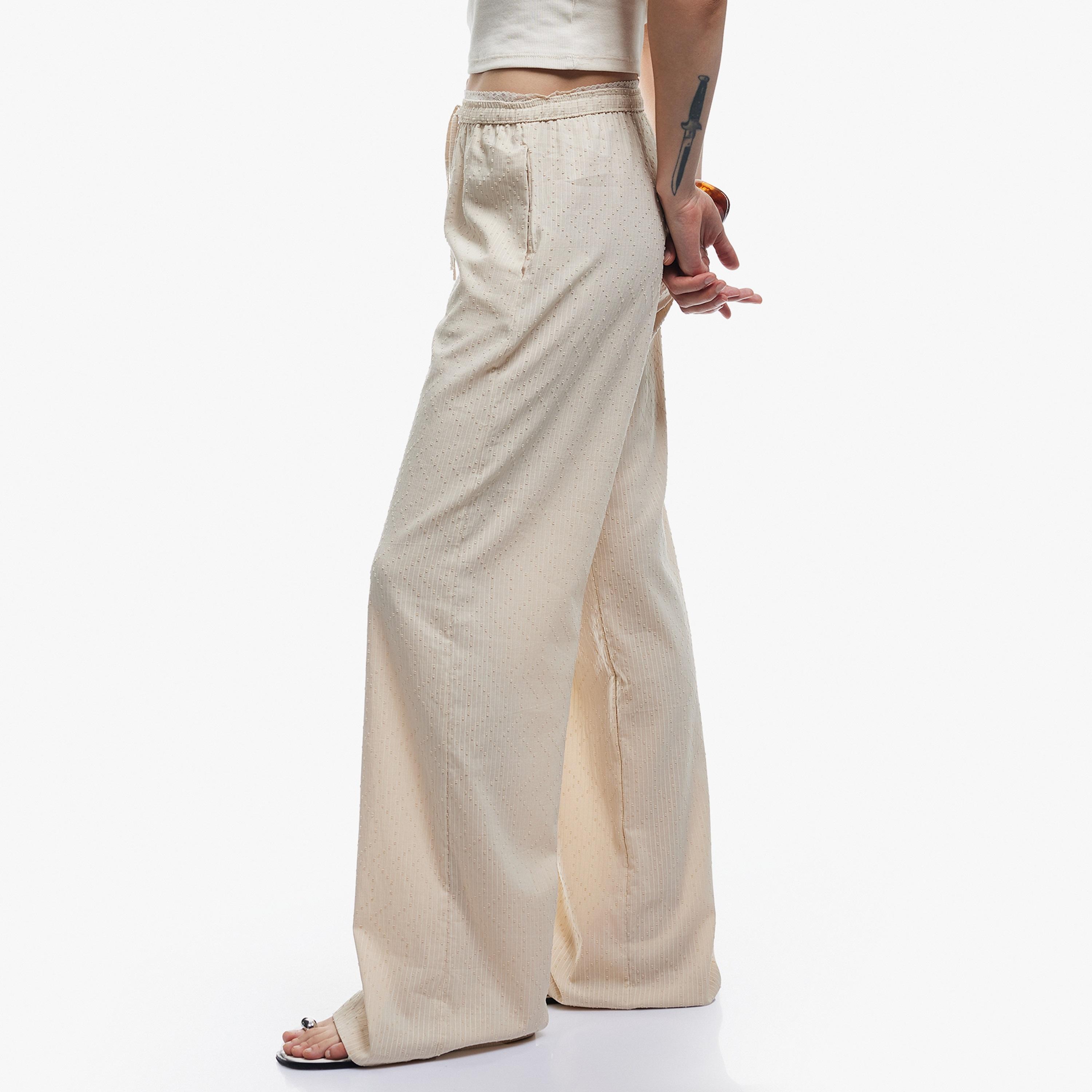 KOTON Beige Striped & Textured Drawstring Waist Wide Leg Women's Trousers-women-clothing-bottoms-trousers-image-3