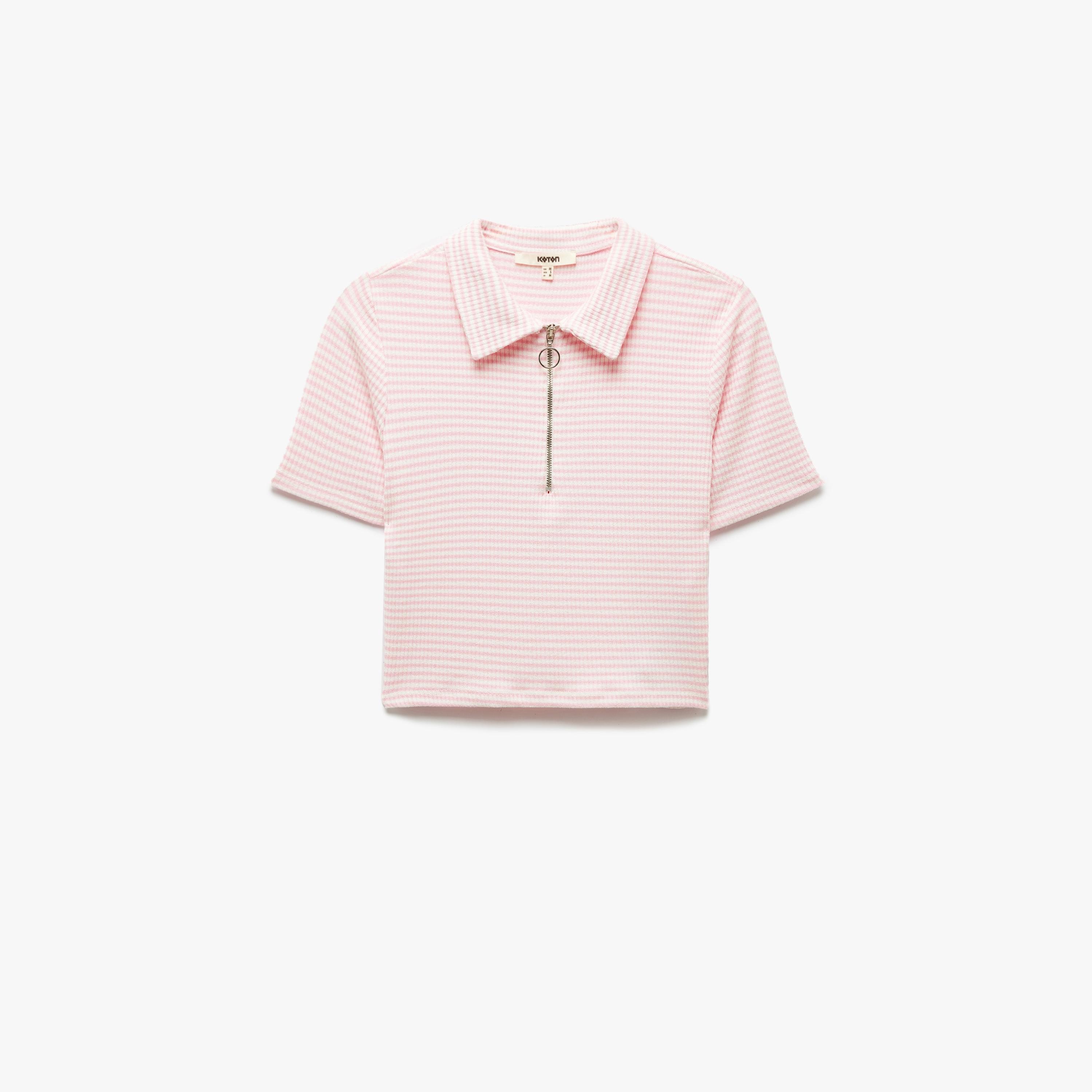 قميص نسائي بأكمام قصيرة بلون وردي مخطط بياقة قصيرة-women-clothing-tshirts-image-4