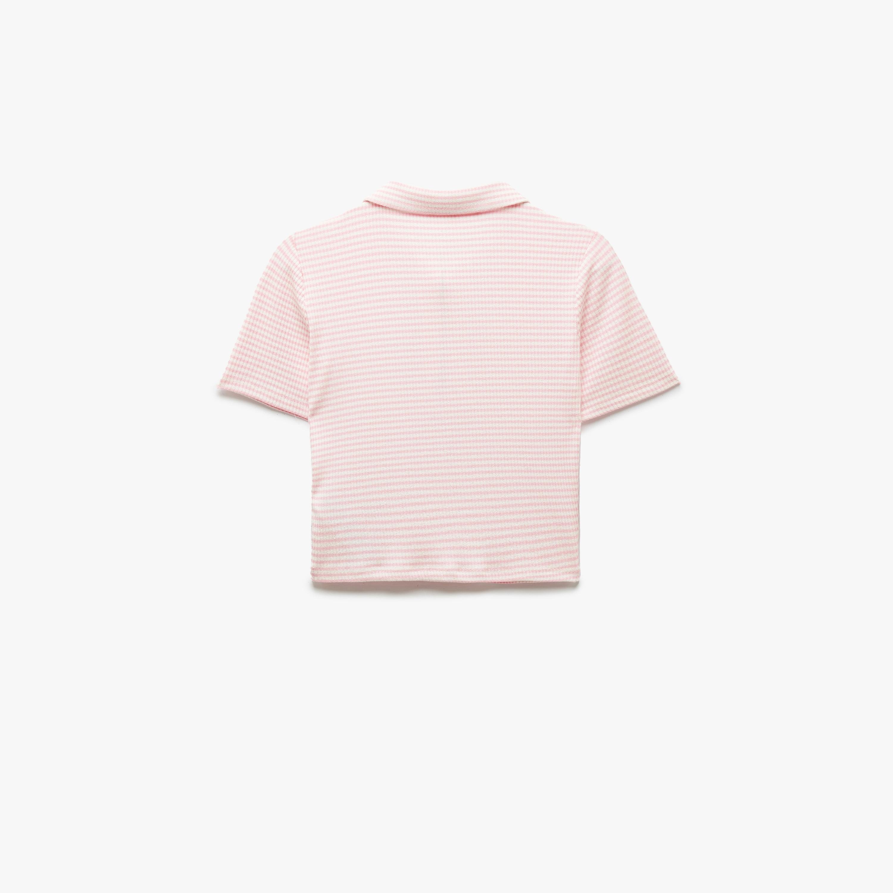 قميص نسائي بأكمام قصيرة بلون وردي مخطط بياقة قصيرة-women-clothing-tshirts-image-5